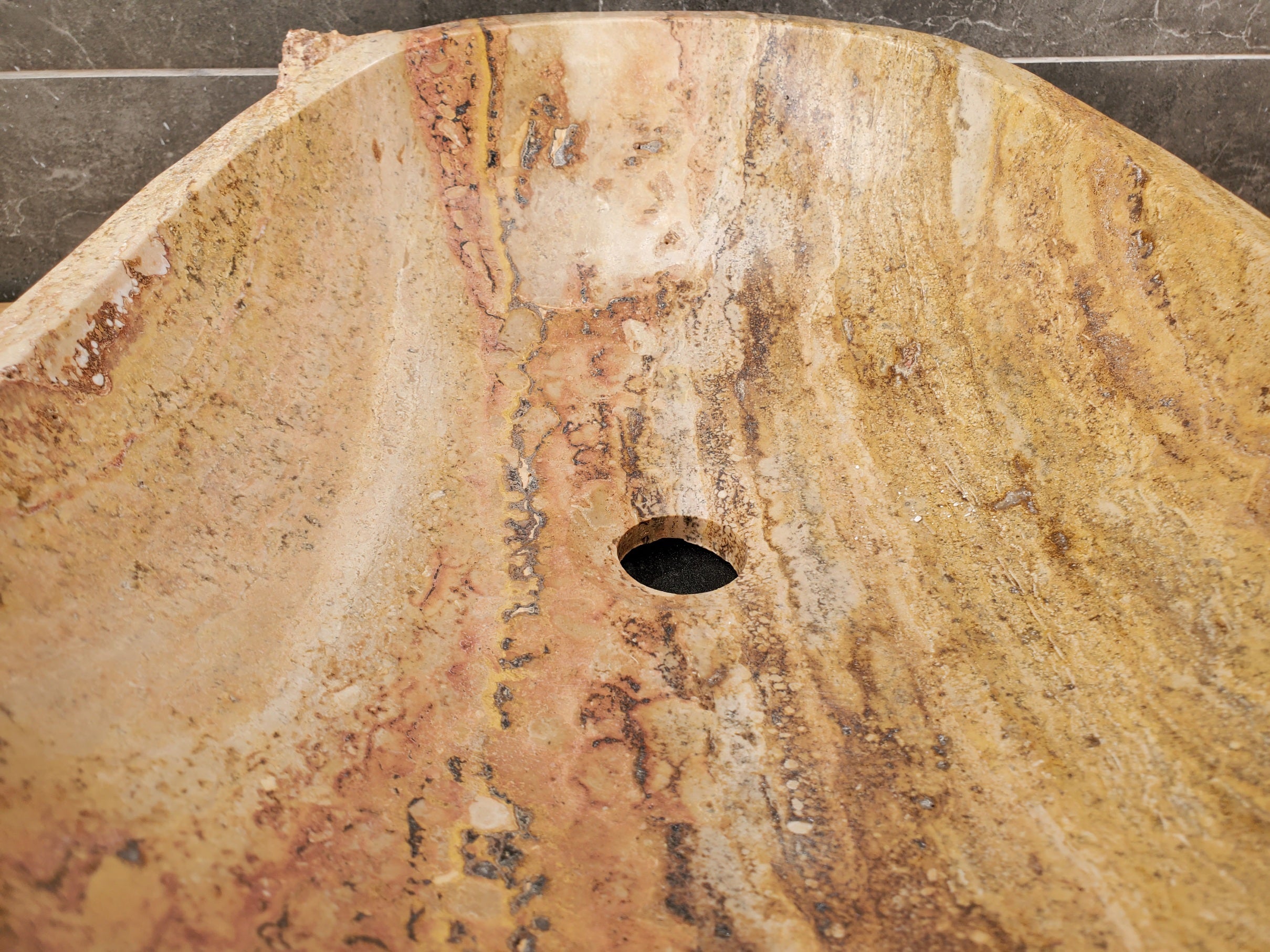 S31_35 Oval Travertine Chiseled Vessel Bathroom Sink