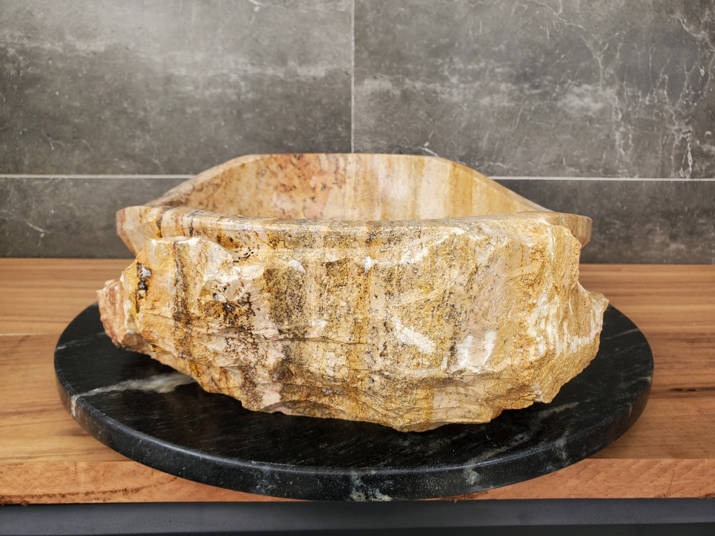 S31_34 Oval Travertine Chiseled Vessel Bathroom Sink - 20 x 14 inch