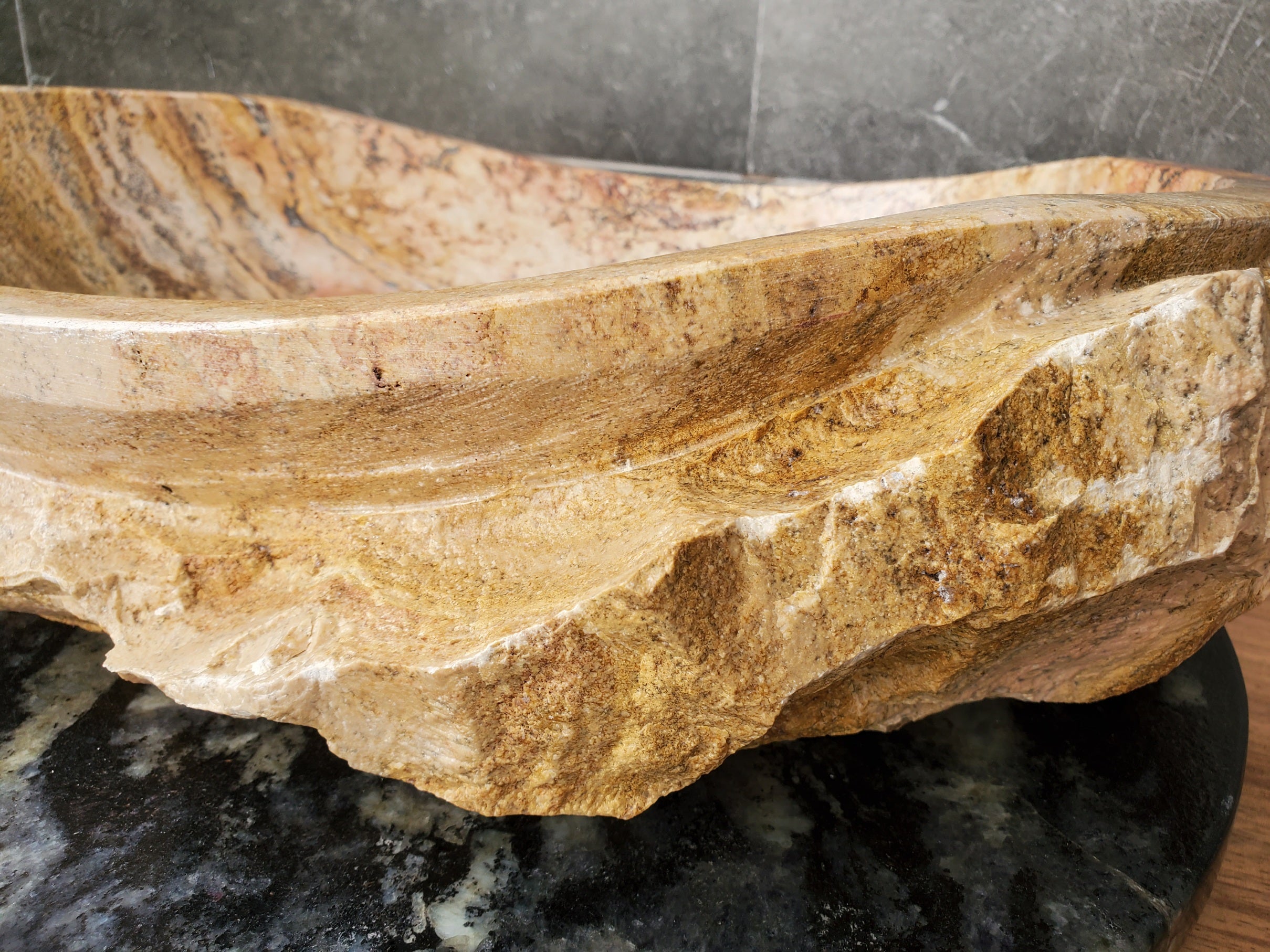 S31_34 Oval Travertine Chiseled Vessel Bathroom Sink