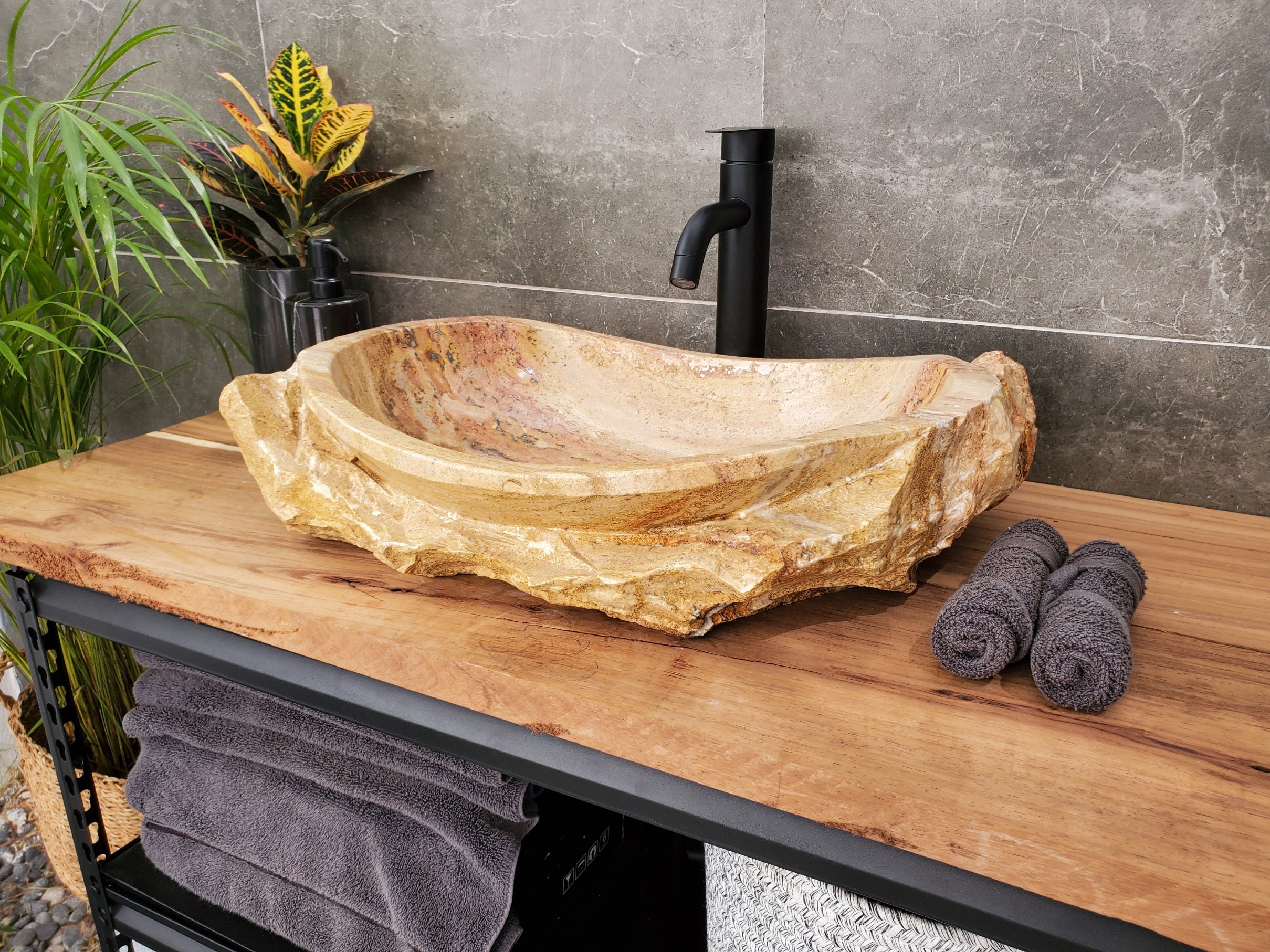 S31_35 Oval Travertine Chiseled Vessel Bathroom Sink
