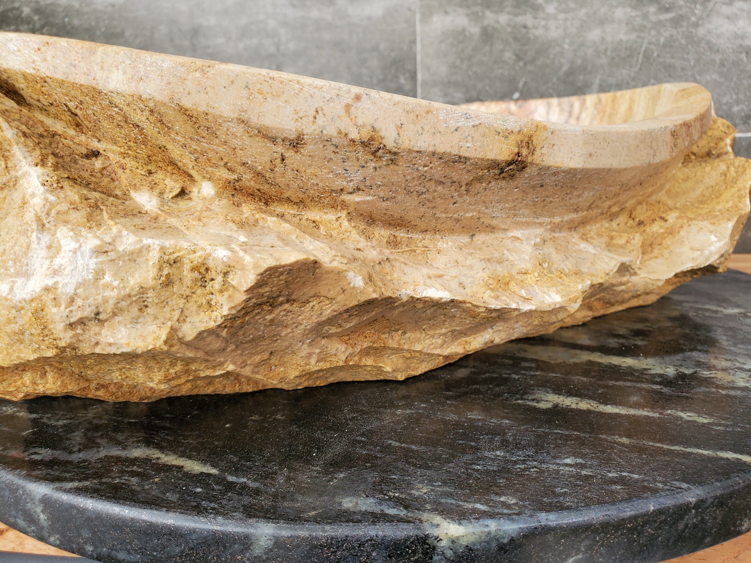 S31_34 Oval Travertine Chiseled Vessel Bathroom Sink