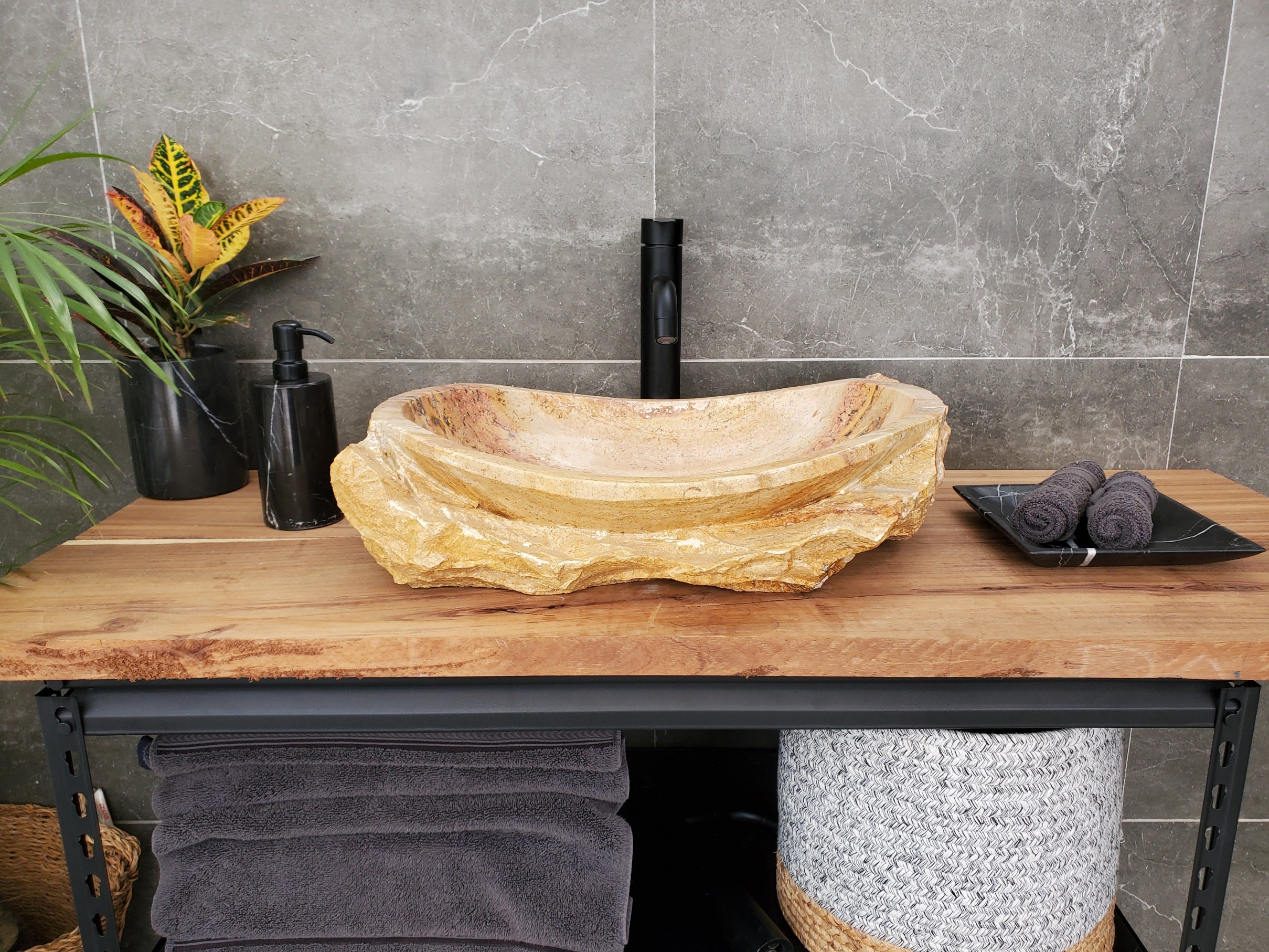 S31_35 Oval Travertine Chiseled Vessel Bathroom Sink