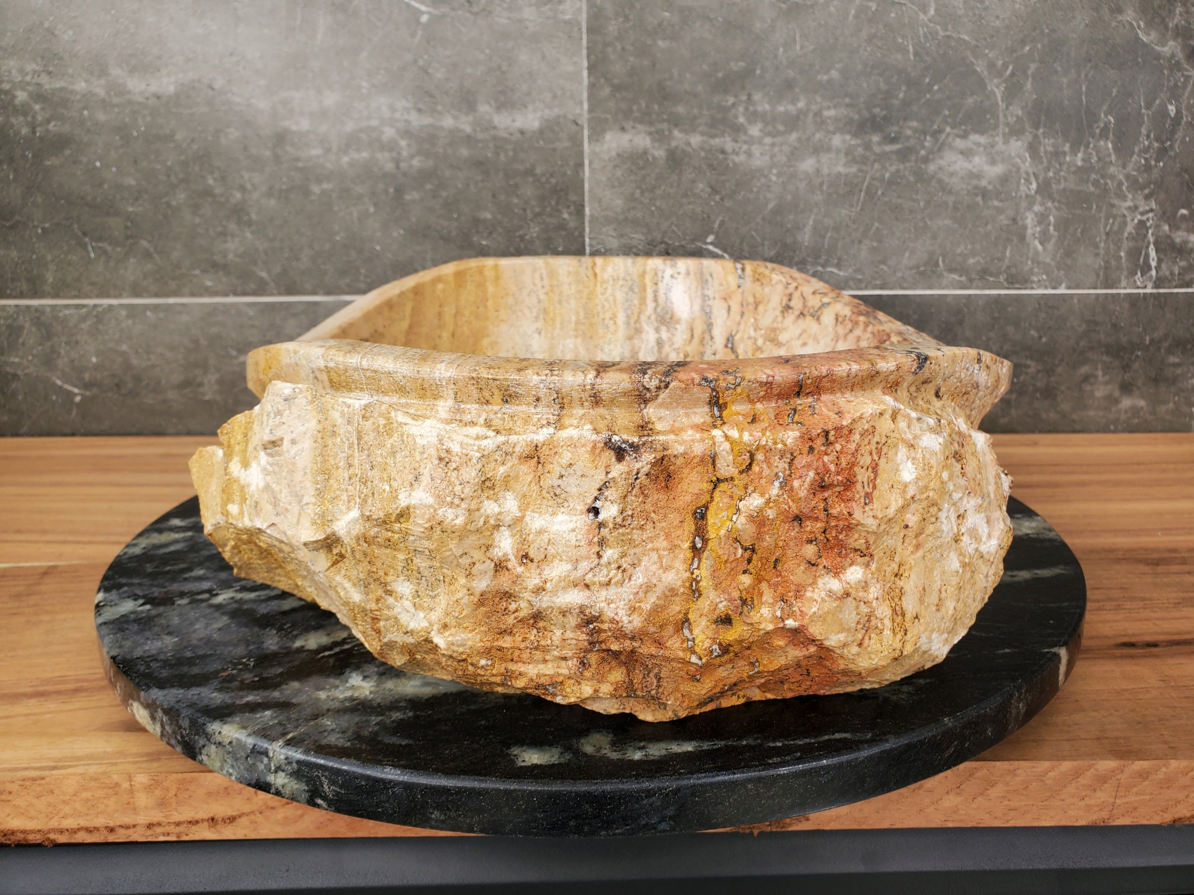 S31_34 Oval Travertine Chiseled Vessel Bathroom Sink - 20 x 14 inch