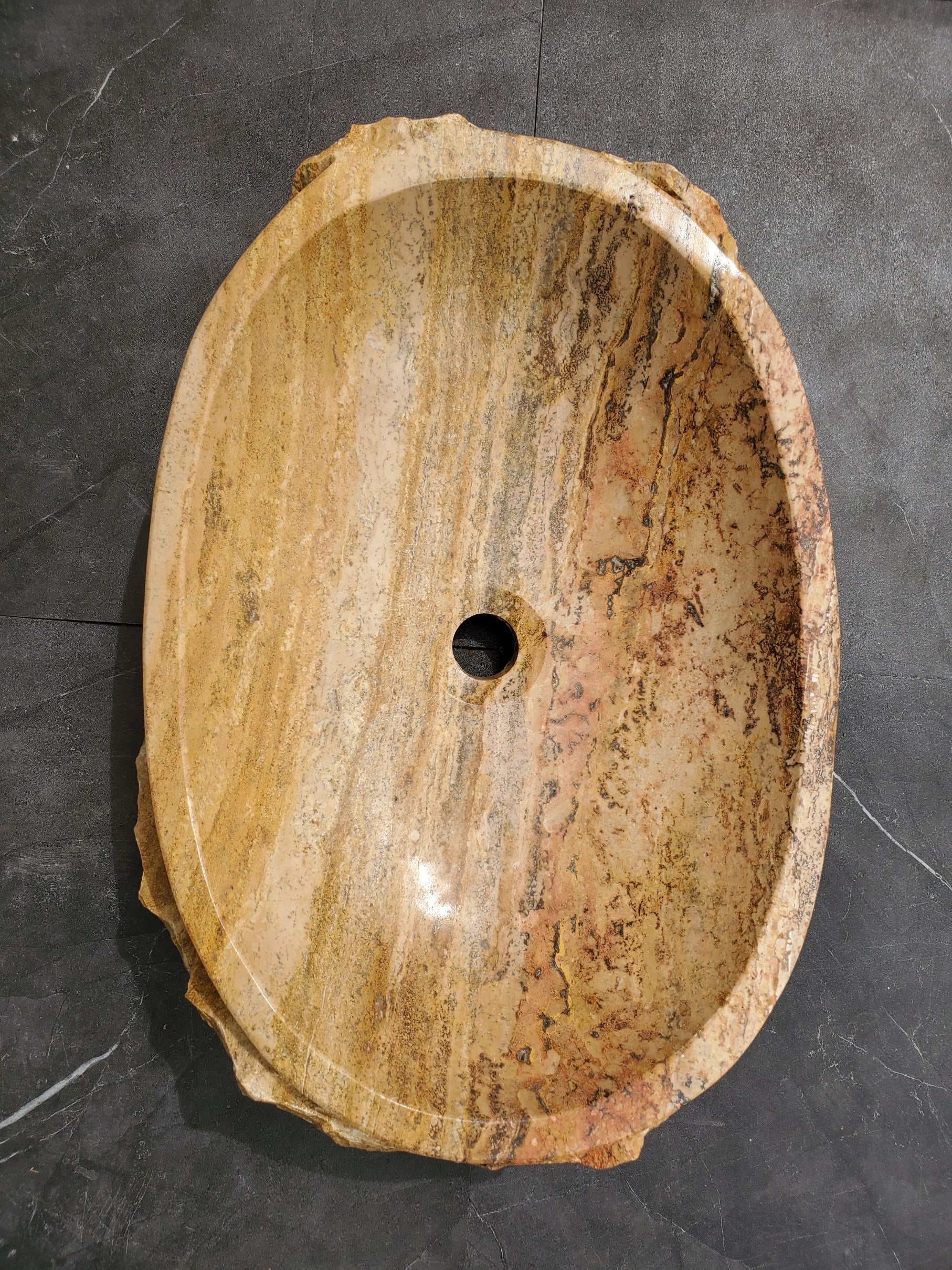S31_34 Oval Travertine Chiseled Vessel Bathroom Sink - 20 x 14 inch