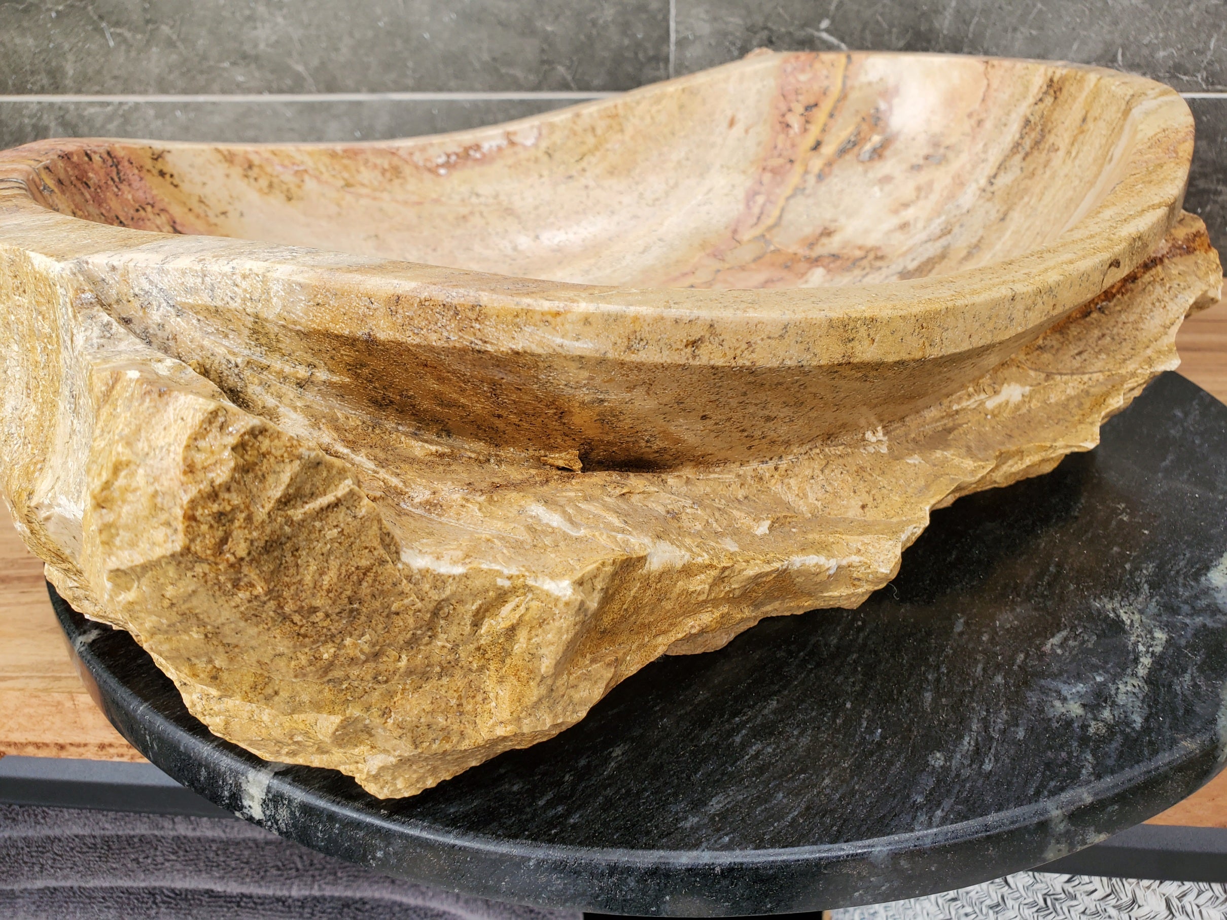 S31_35 Oval Travertine Chiseled Vessel Bathroom Sink