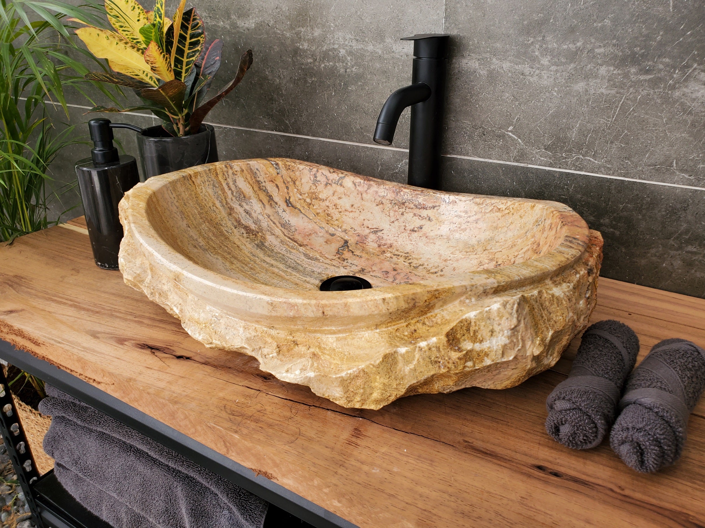 S31_34 Oval Travertine Chiseled Vessel Bathroom Sink