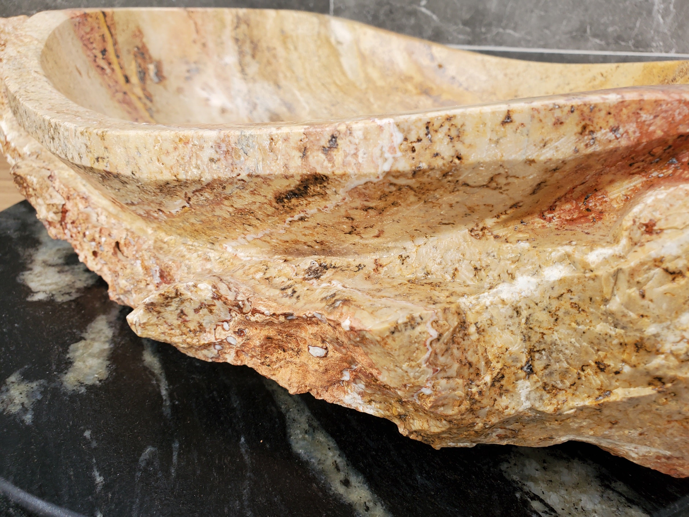 S31_35 Oval Travertine Chiseled Vessel Bathroom Sink