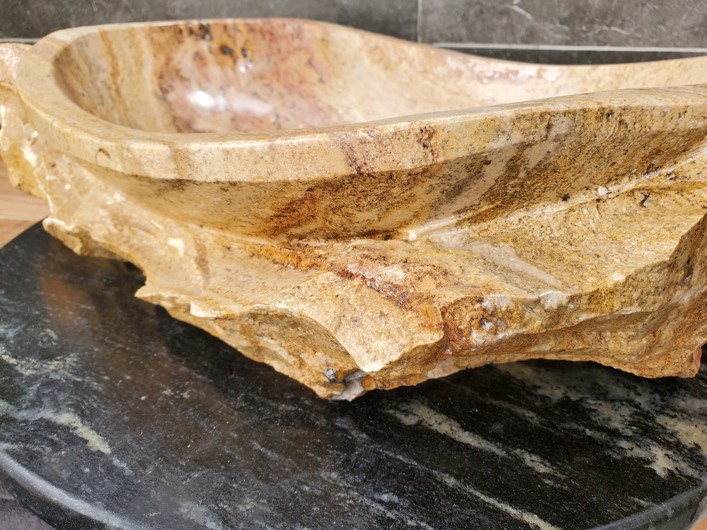 S31_35 Oval Travertine Chiseled Vessel Bathroom Sink