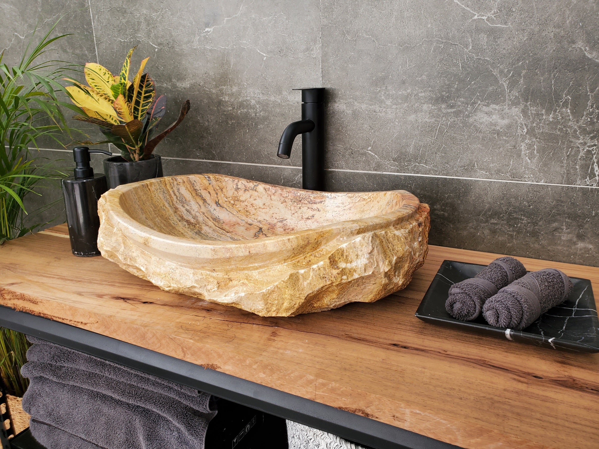 S31_34 Oval Travertine Chiseled Vessel Bathroom Sink - 20 x 14 inch