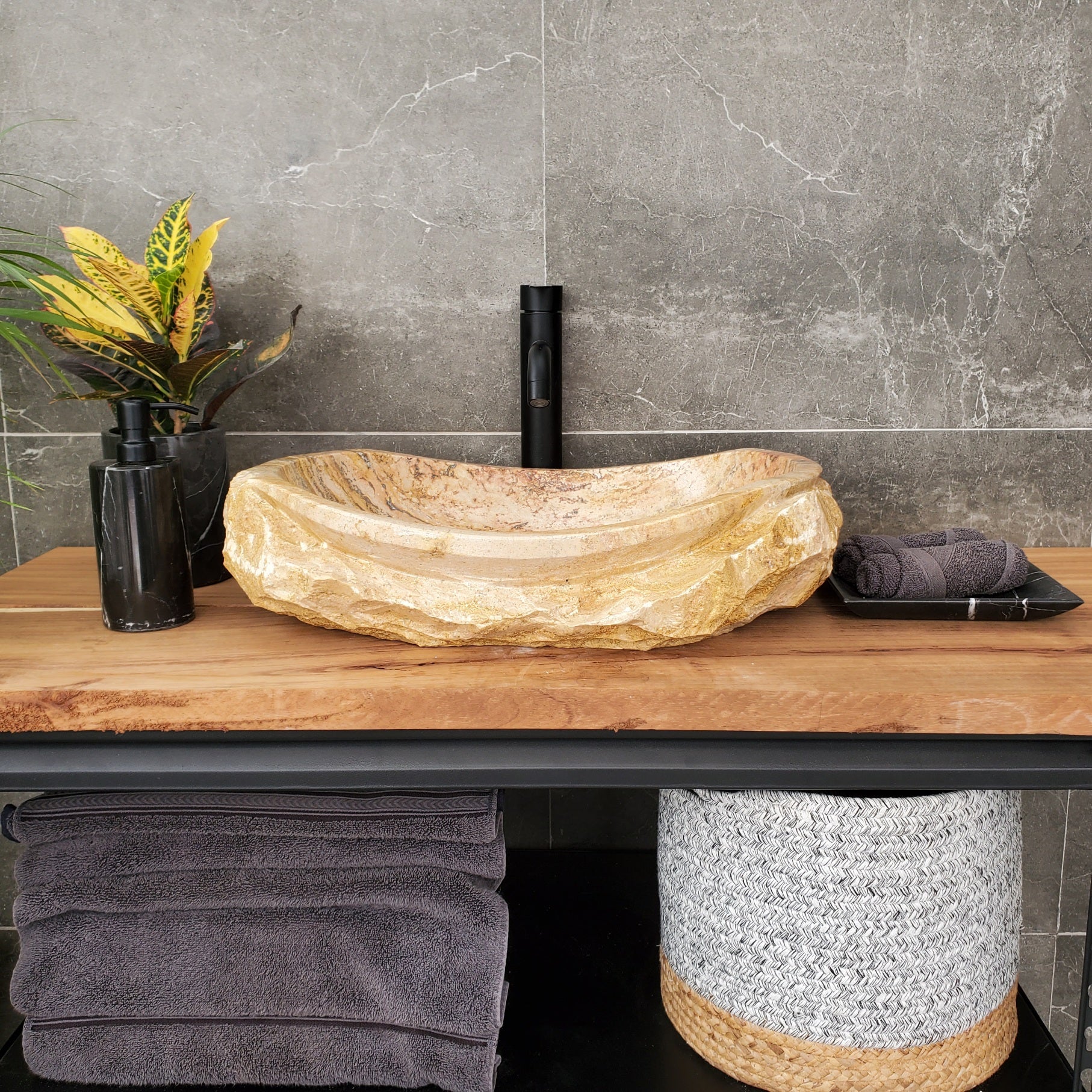 S31_34 Oval Travertine Chiseled Vessel Bathroom Sink - 20 x 14 inch