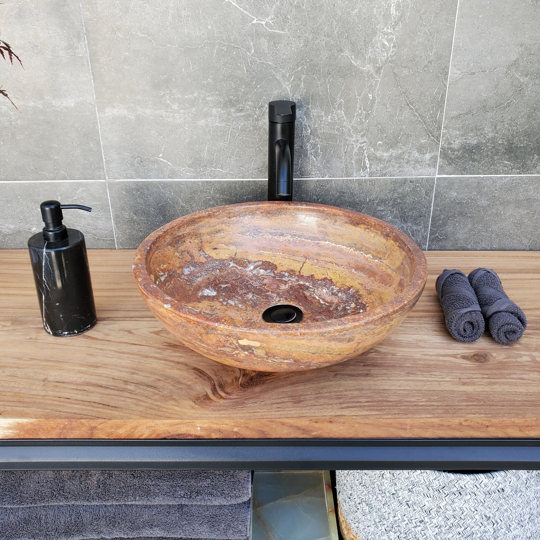 S29_13 Red Travertine Stone Vessel Bathroom Sink - Round