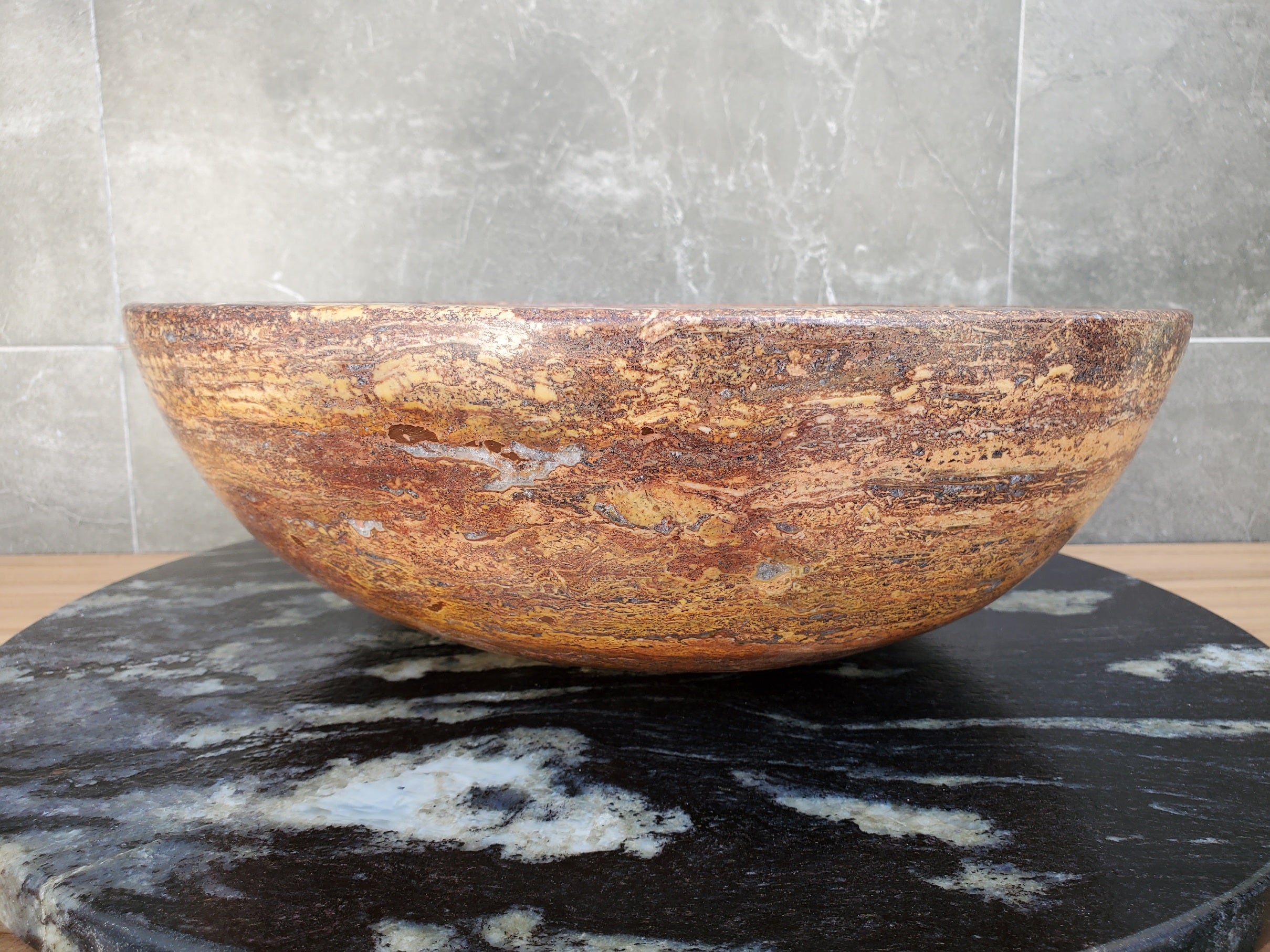 S29_14 Red Travertine Stone Vessel Bathroom Sink - Round