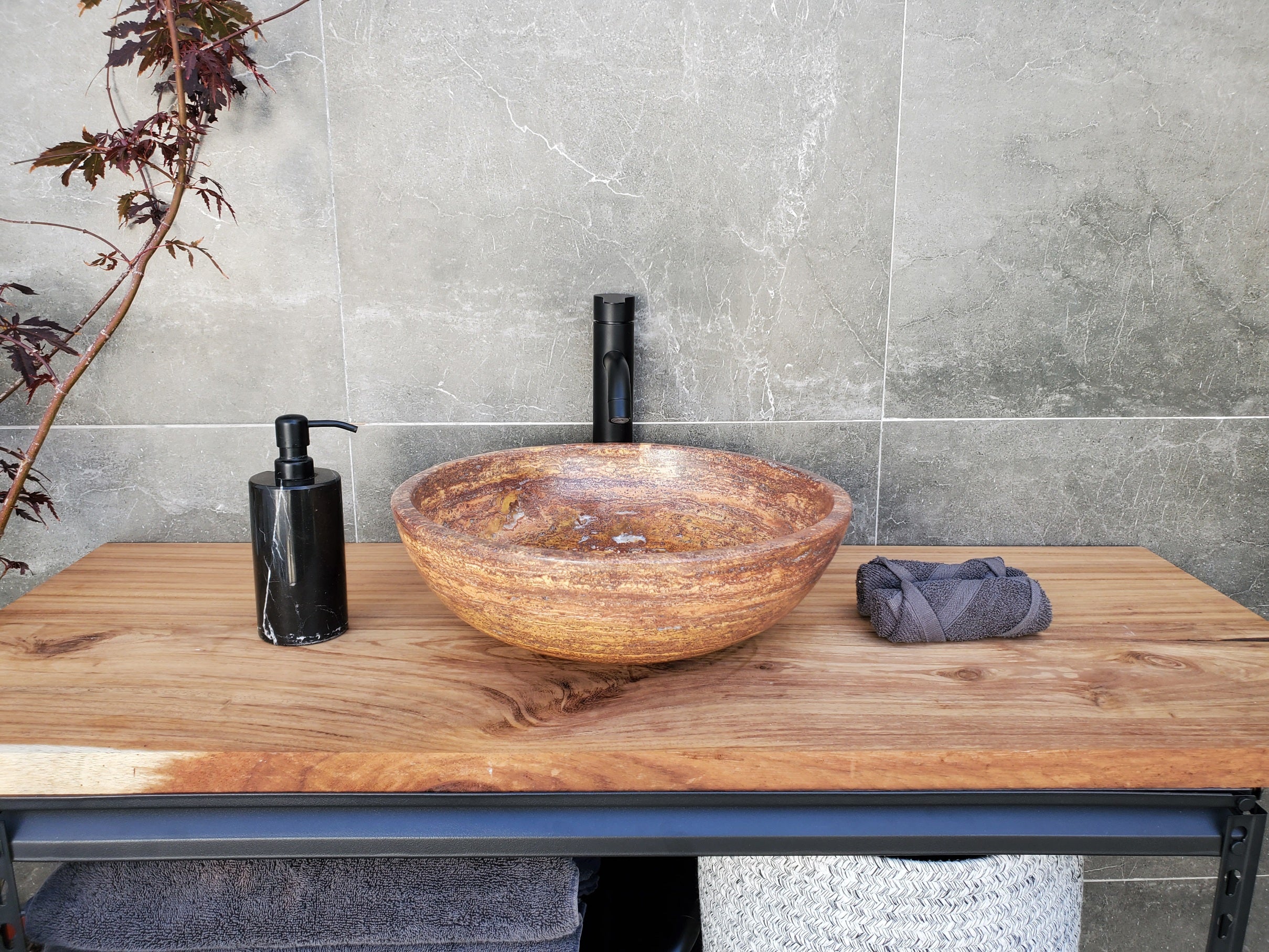 S29_14 Red Travertine Stone Vessel Bathroom Sink - Round