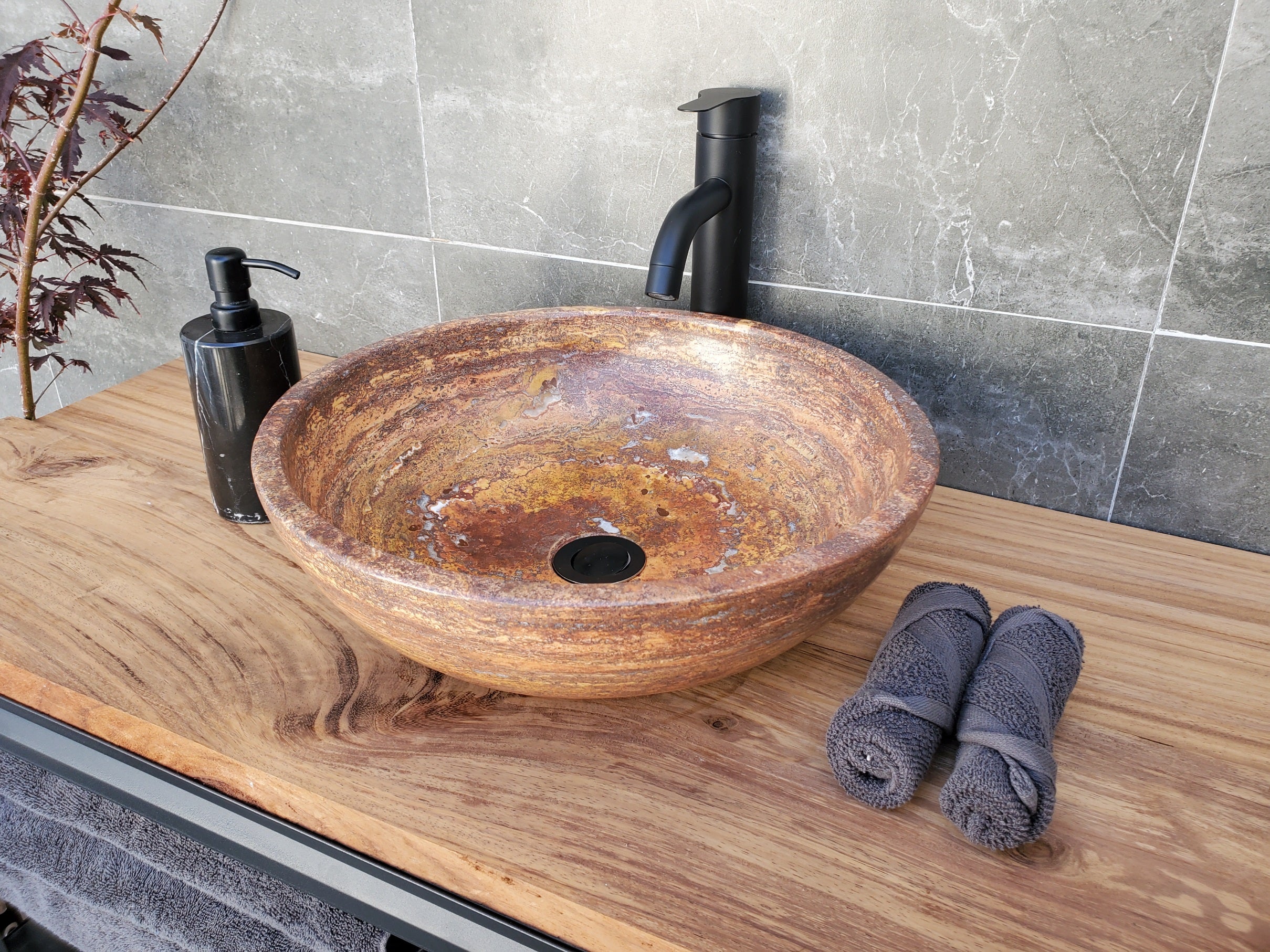 S29_14 Red Travertine Stone Vessel Bathroom Sink - Round