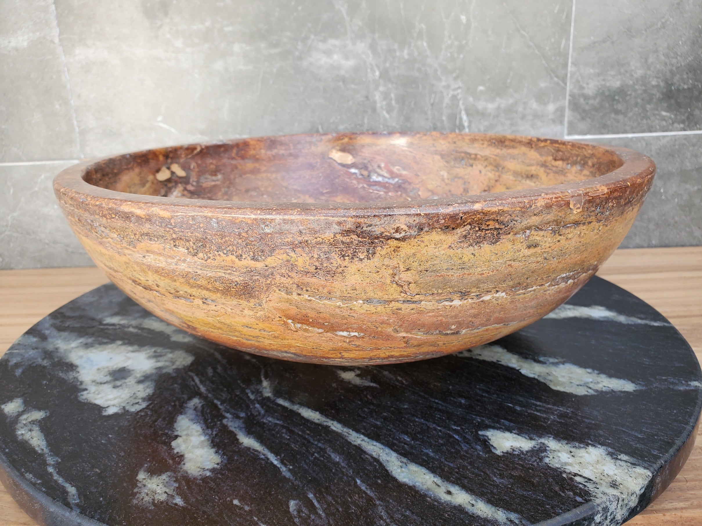 S29_13 Red Travertine Stone Vessel Bathroom Sink - Round