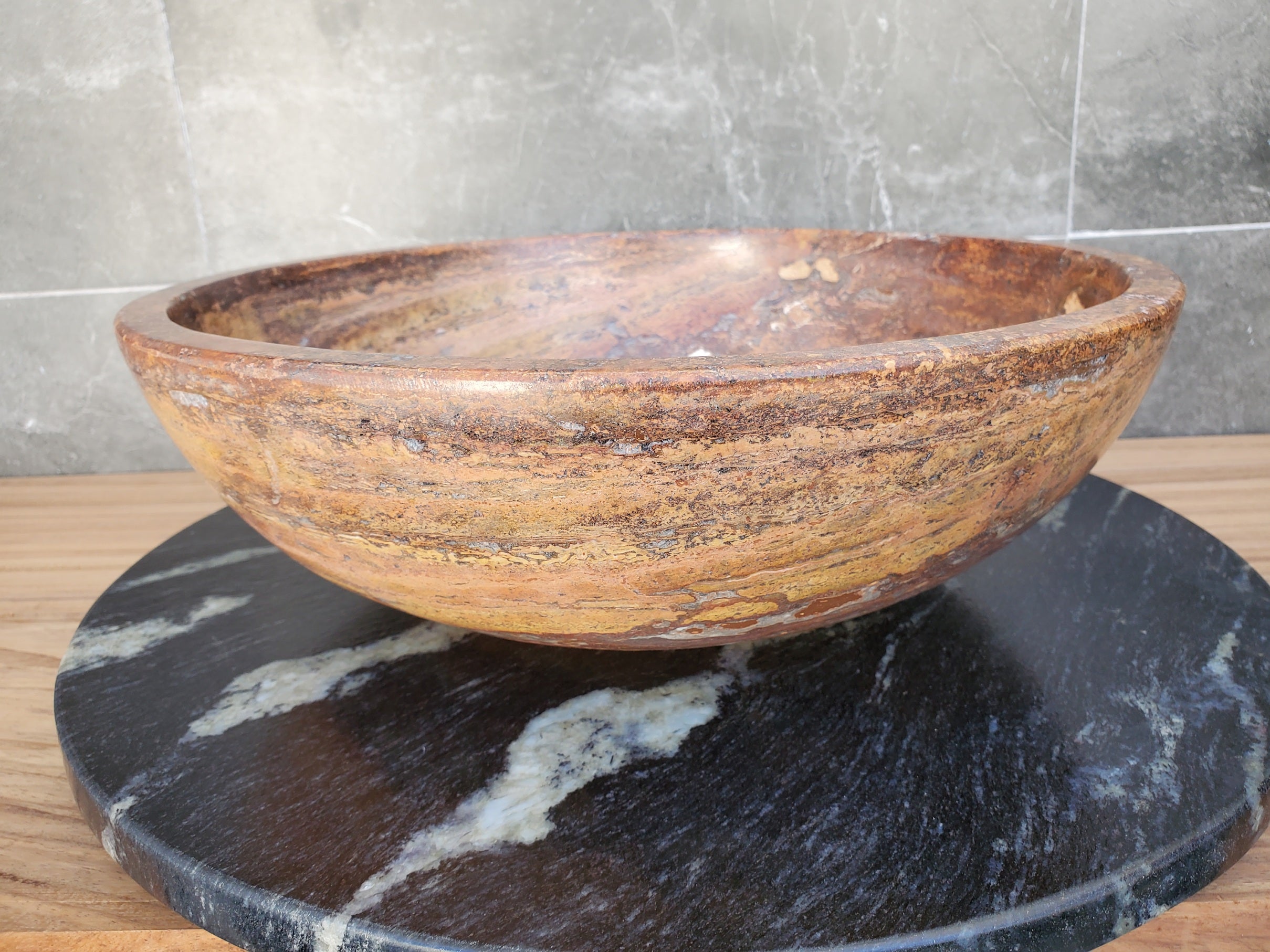 S29_13 Red Travertine Stone Vessel Bathroom Sink - Round