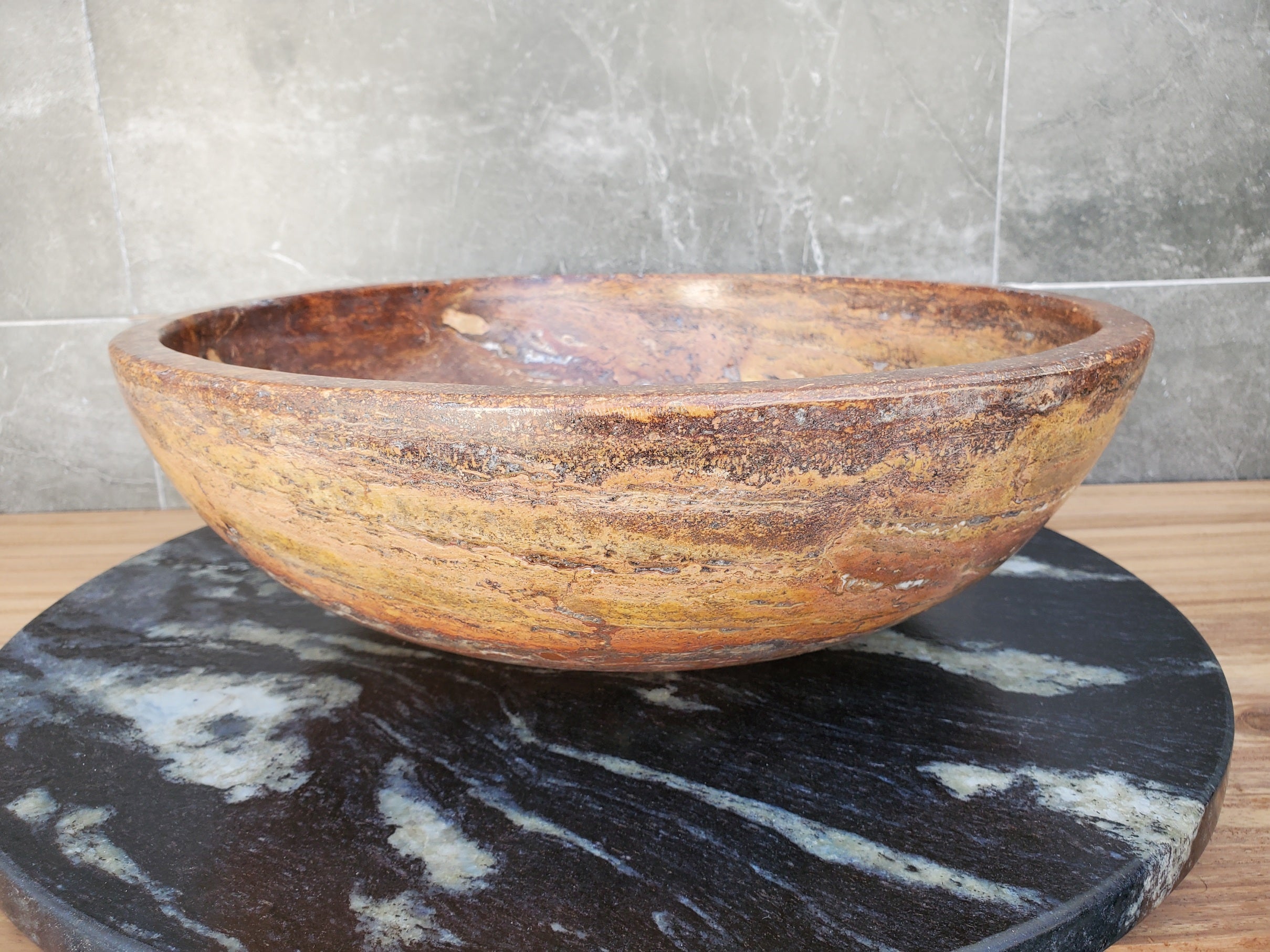 S29_13 Red Travertine Stone Vessel Bathroom Sink - Round
