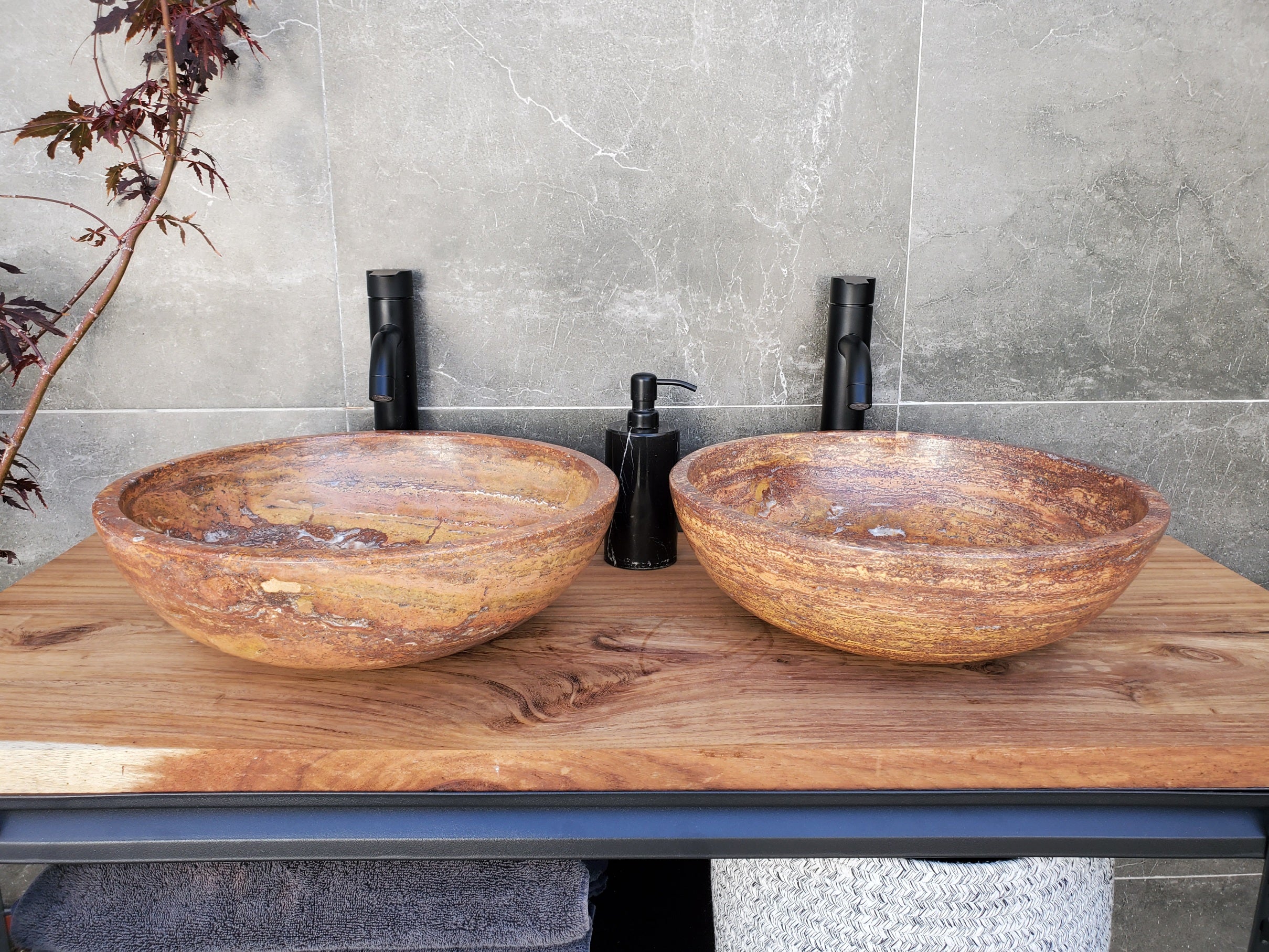 SET1048 Travertine Stone Vessel Sink Pair (Set of 2)