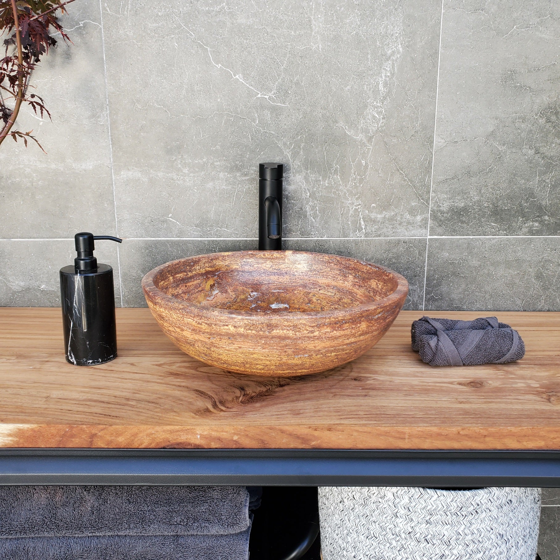 S29_14 Red Travertine Stone Vessel Bathroom Sink - Round