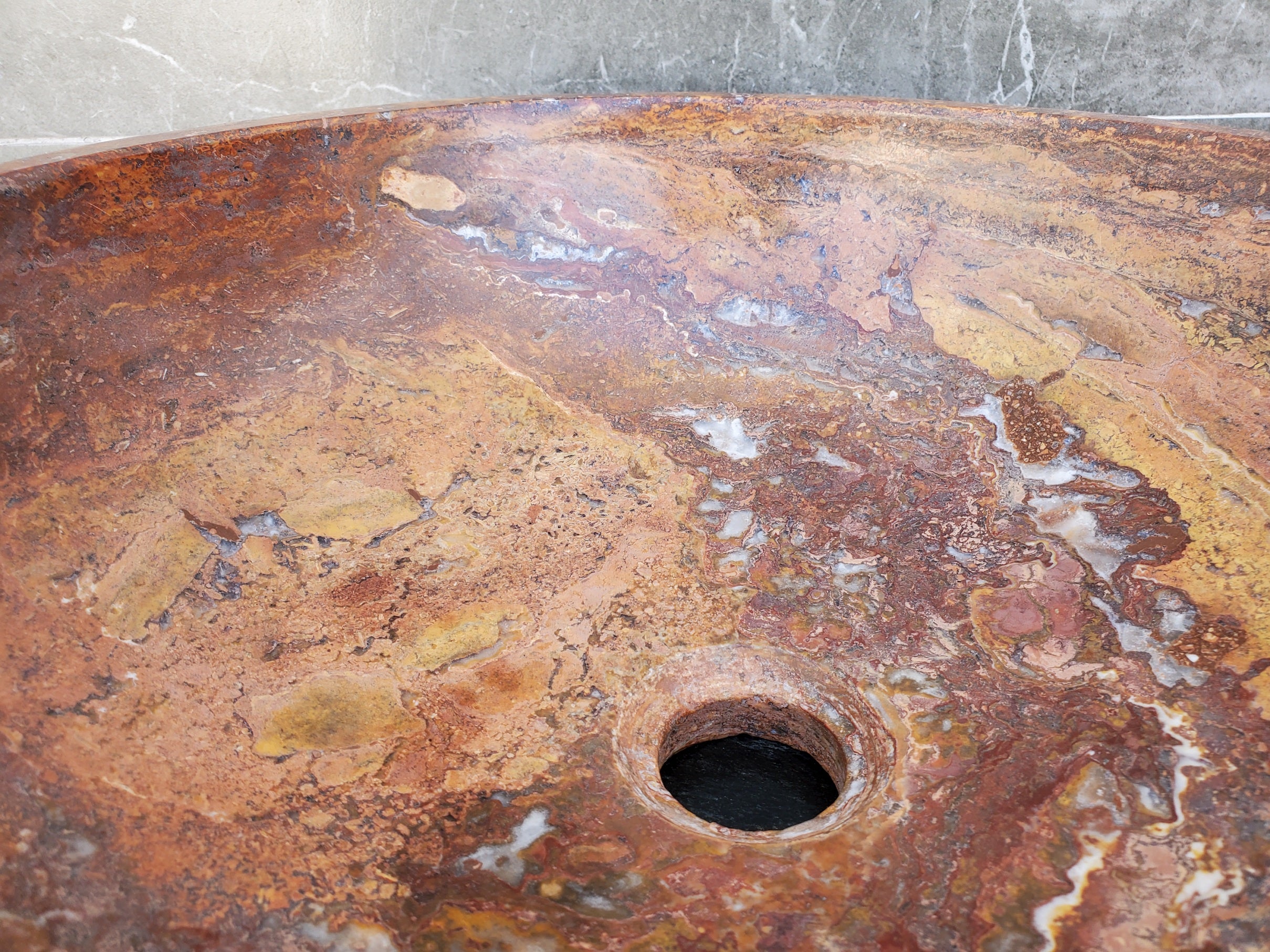 S29_13 Red Travertine Stone Vessel Bathroom Sink - Round
