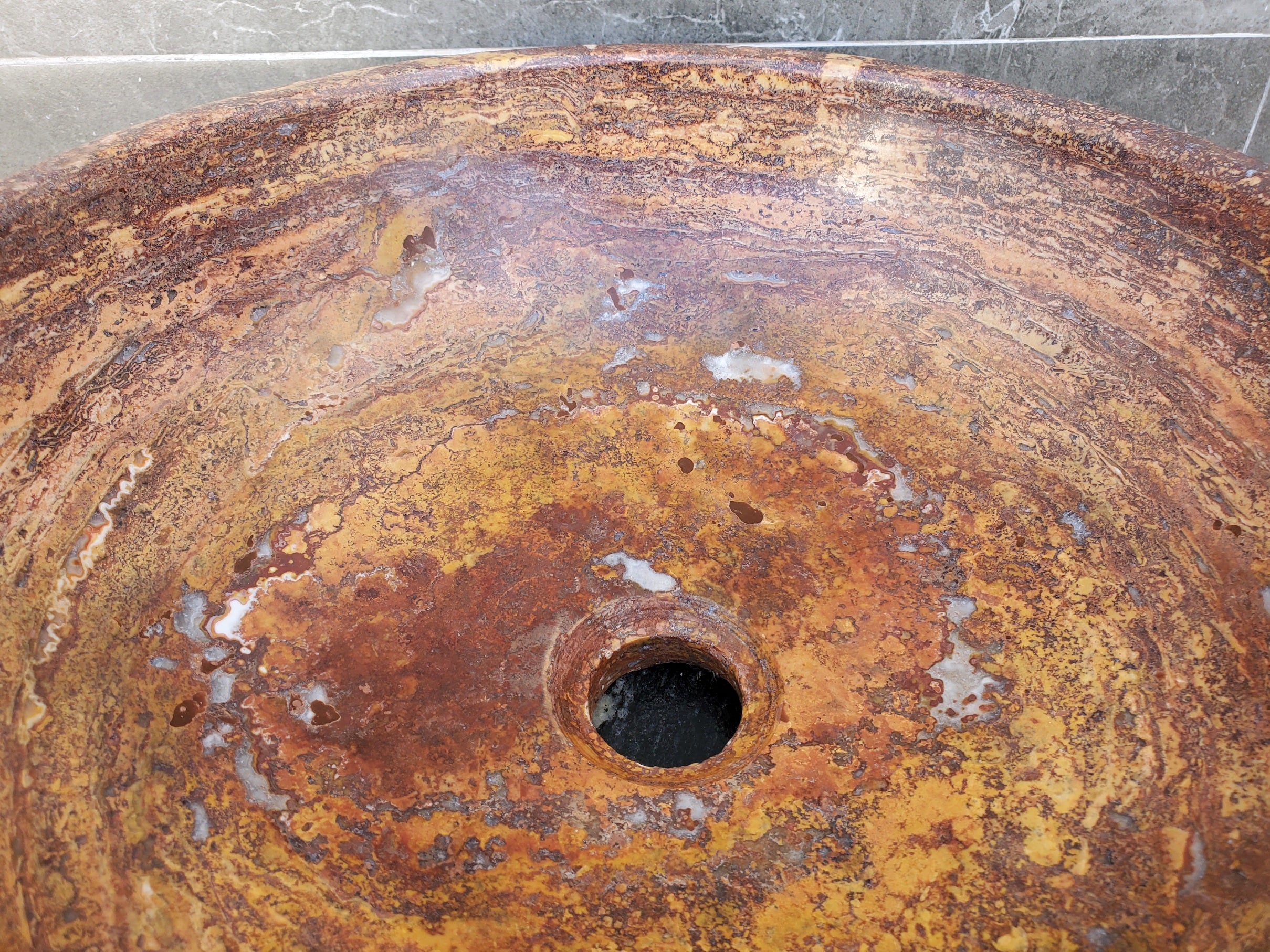 S29_14 Red Travertine Stone Vessel Bathroom Sink - Round