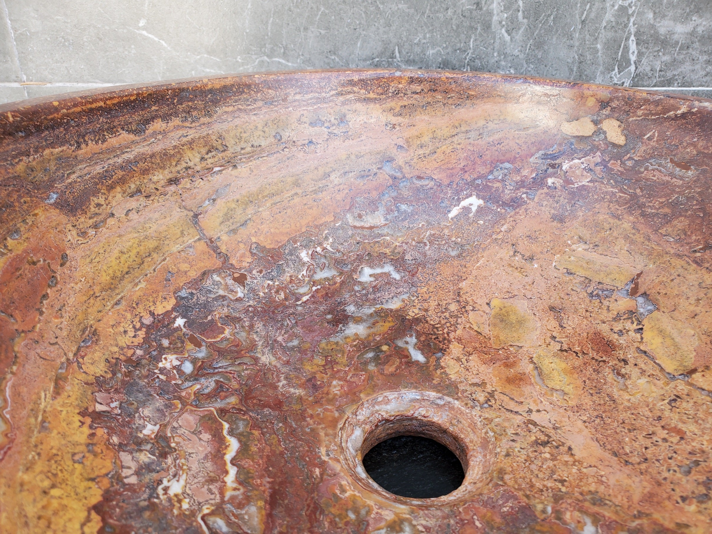 S29_13 Red Travertine Stone Vessel Bathroom Sink - Round