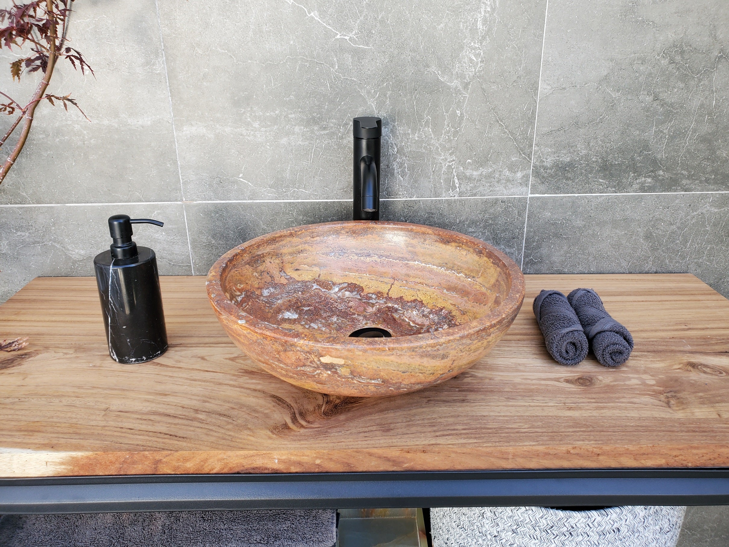 S29_13 Red Travertine Stone Vessel Bathroom Sink - Round