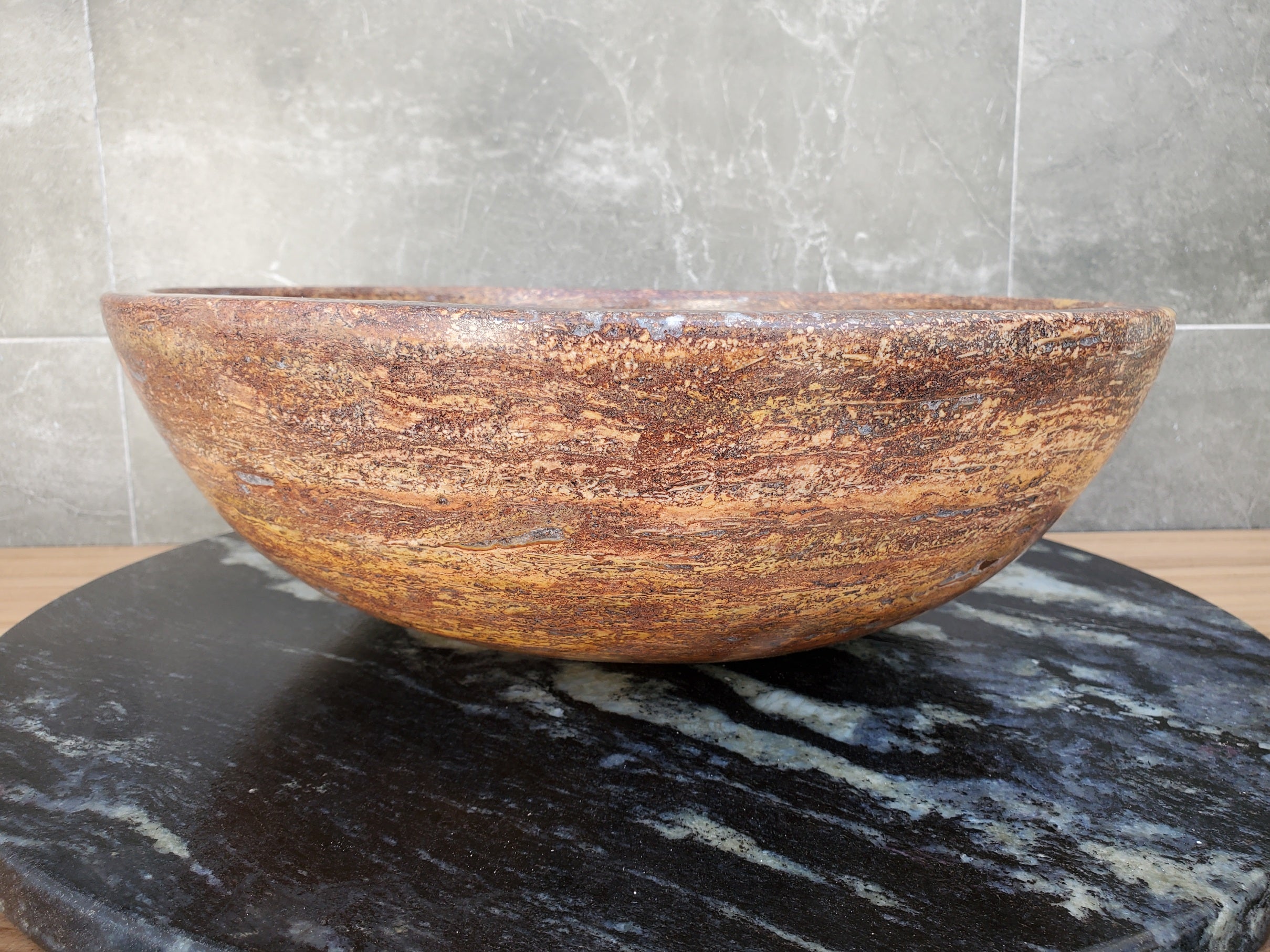 S29_14 Red Travertine Stone Vessel Bathroom Sink - Round
