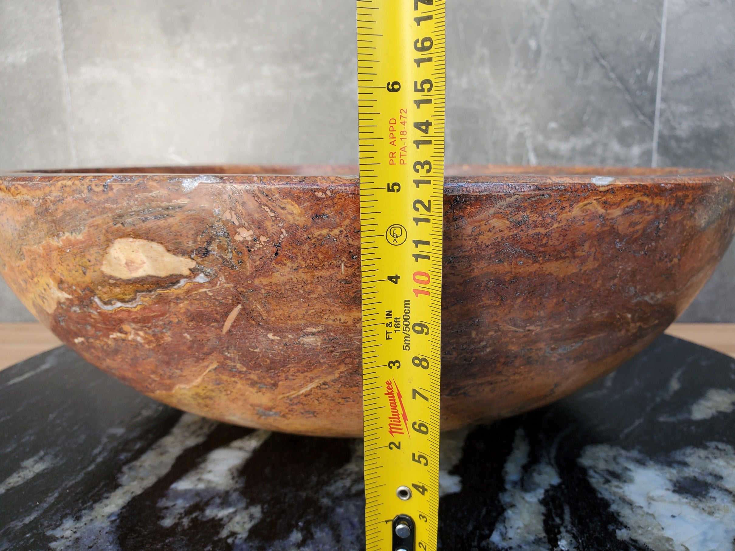 S29_13 Red Travertine Stone Vessel Bathroom Sink - Round