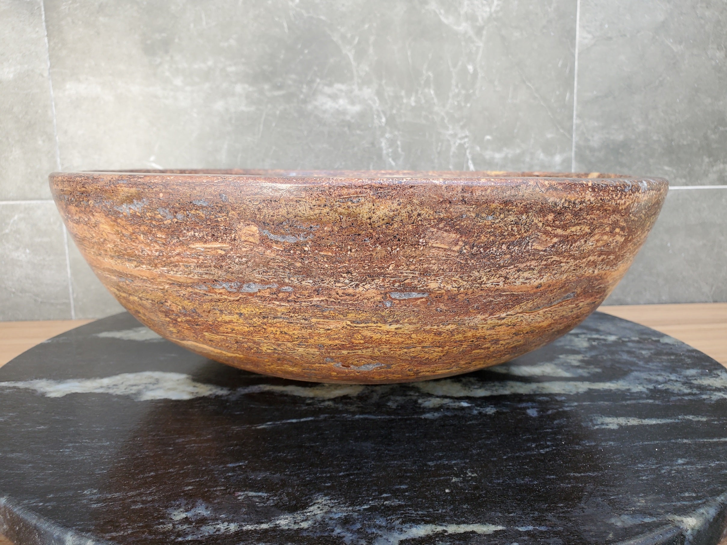 S29_14 Red Travertine Stone Vessel Bathroom Sink - Round