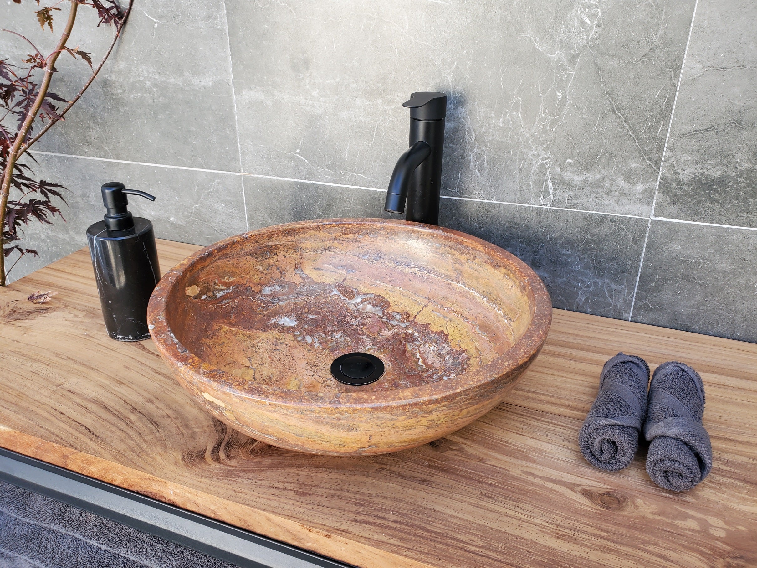 S29_13 Red Travertine Stone Vessel Bathroom Sink - Round