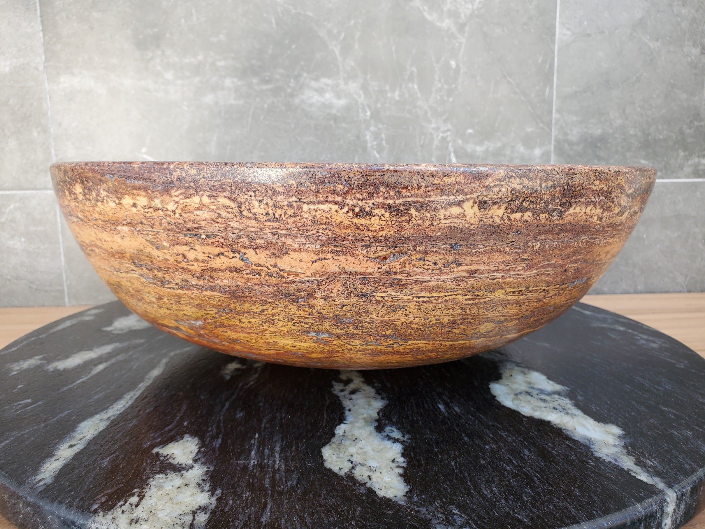 S29_14 Red Travertine Stone Vessel Bathroom Sink - Round