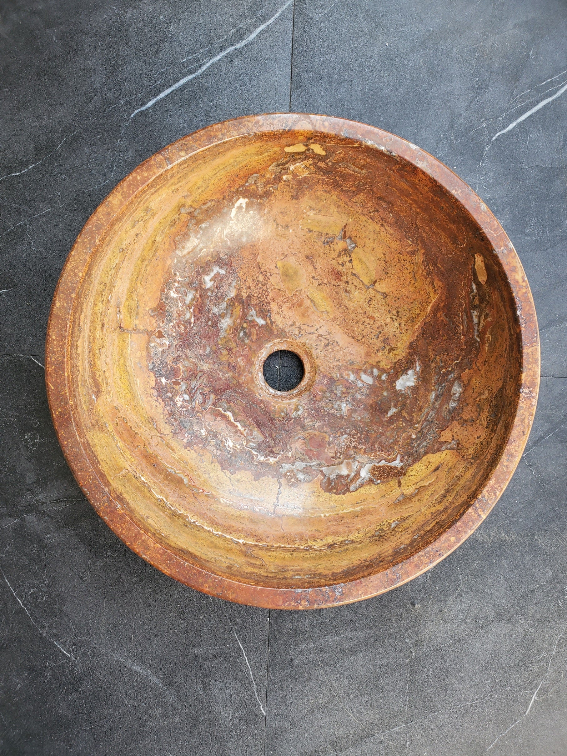 S29_13 Red Travertine Stone Vessel Bathroom Sink - Round
