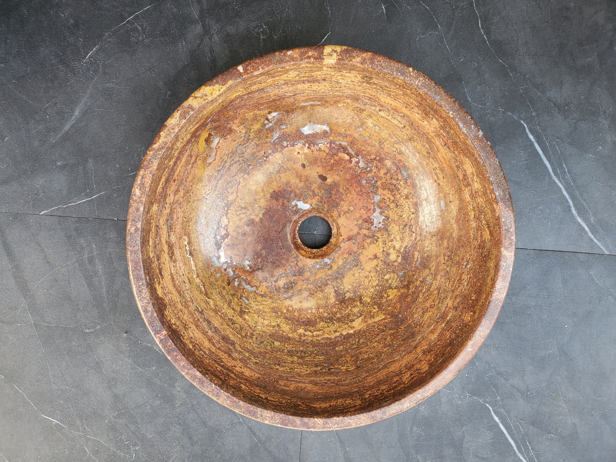 S29_14 Red Travertine Stone Vessel Bathroom Sink - Round