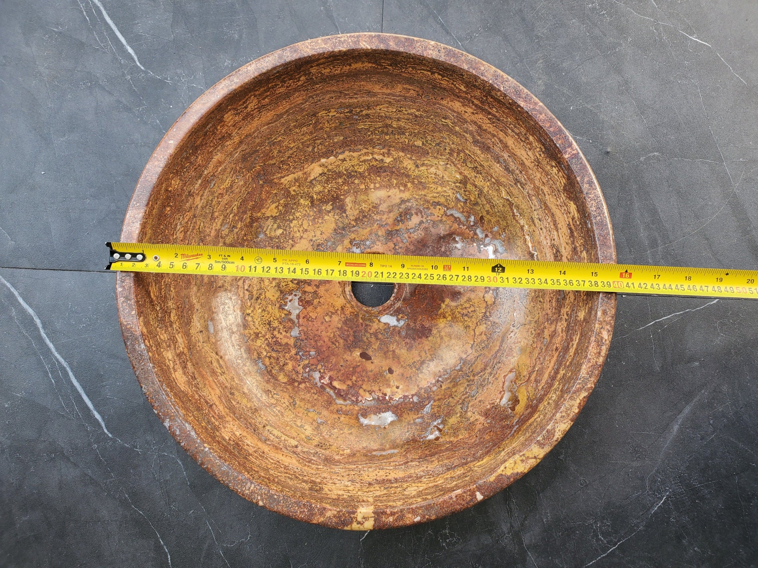S29_14 Red Travertine Stone Vessel Bathroom Sink - Round