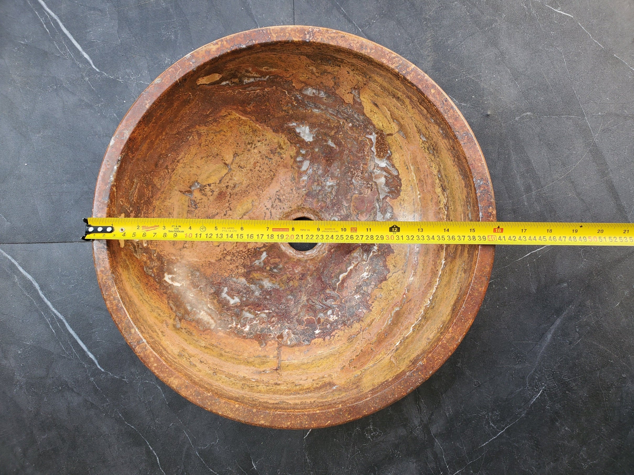 S29_13 Red Travertine Stone Vessel Bathroom Sink - Round