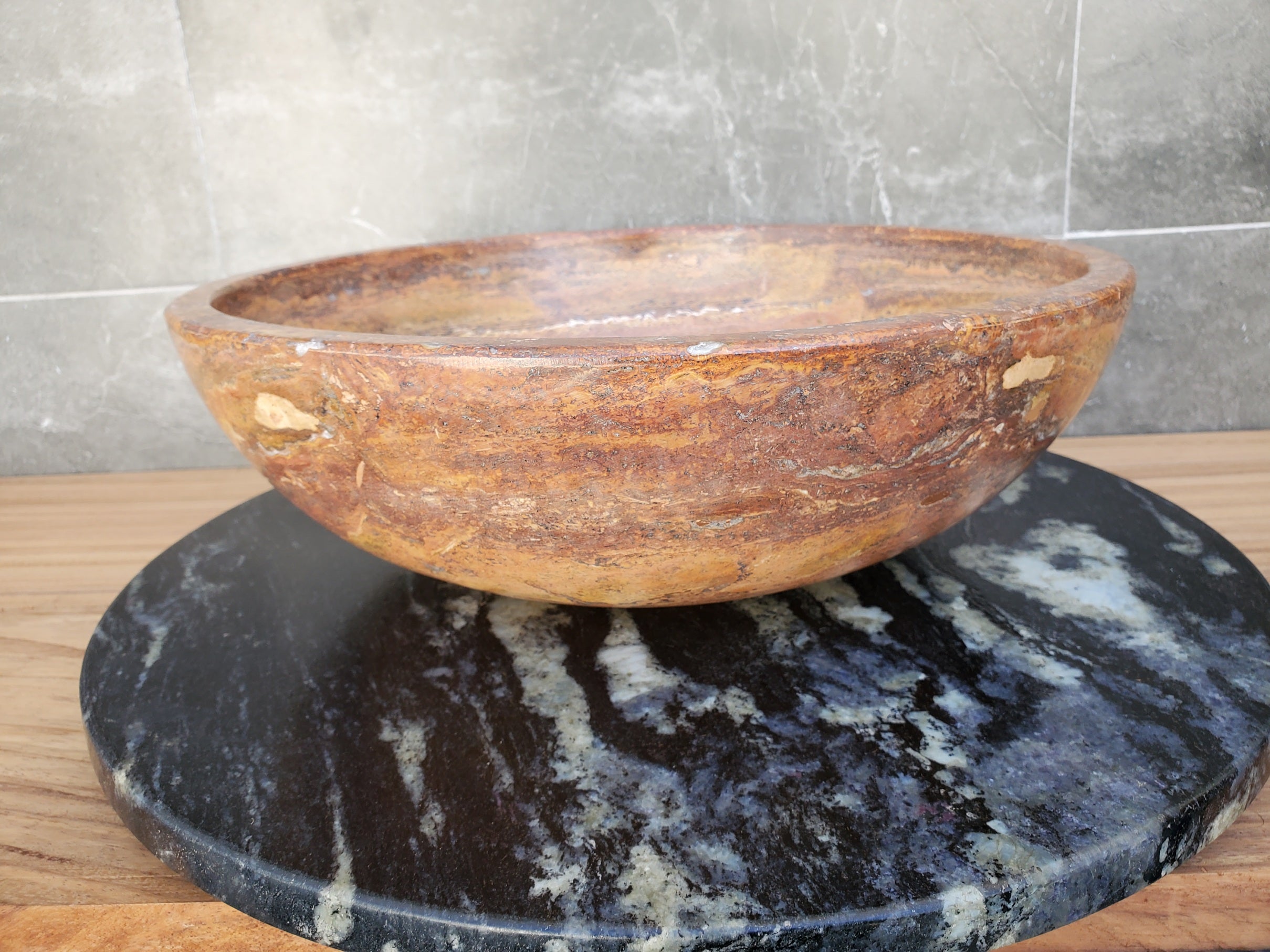 S29_13 Red Travertine Stone Vessel Bathroom Sink - Round