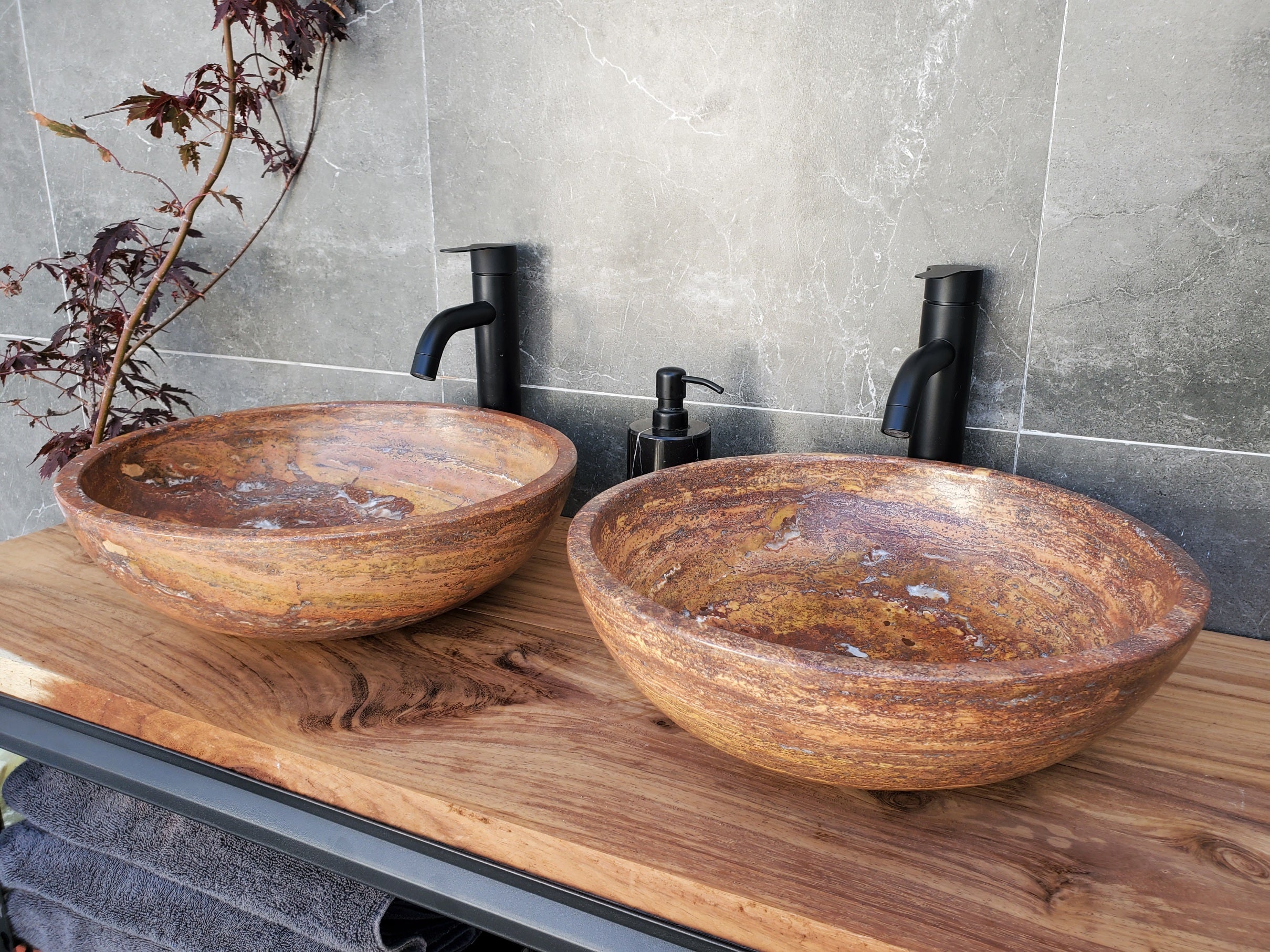 SET1048 Travertine Stone Vessel Sink Pair (Set of 2)