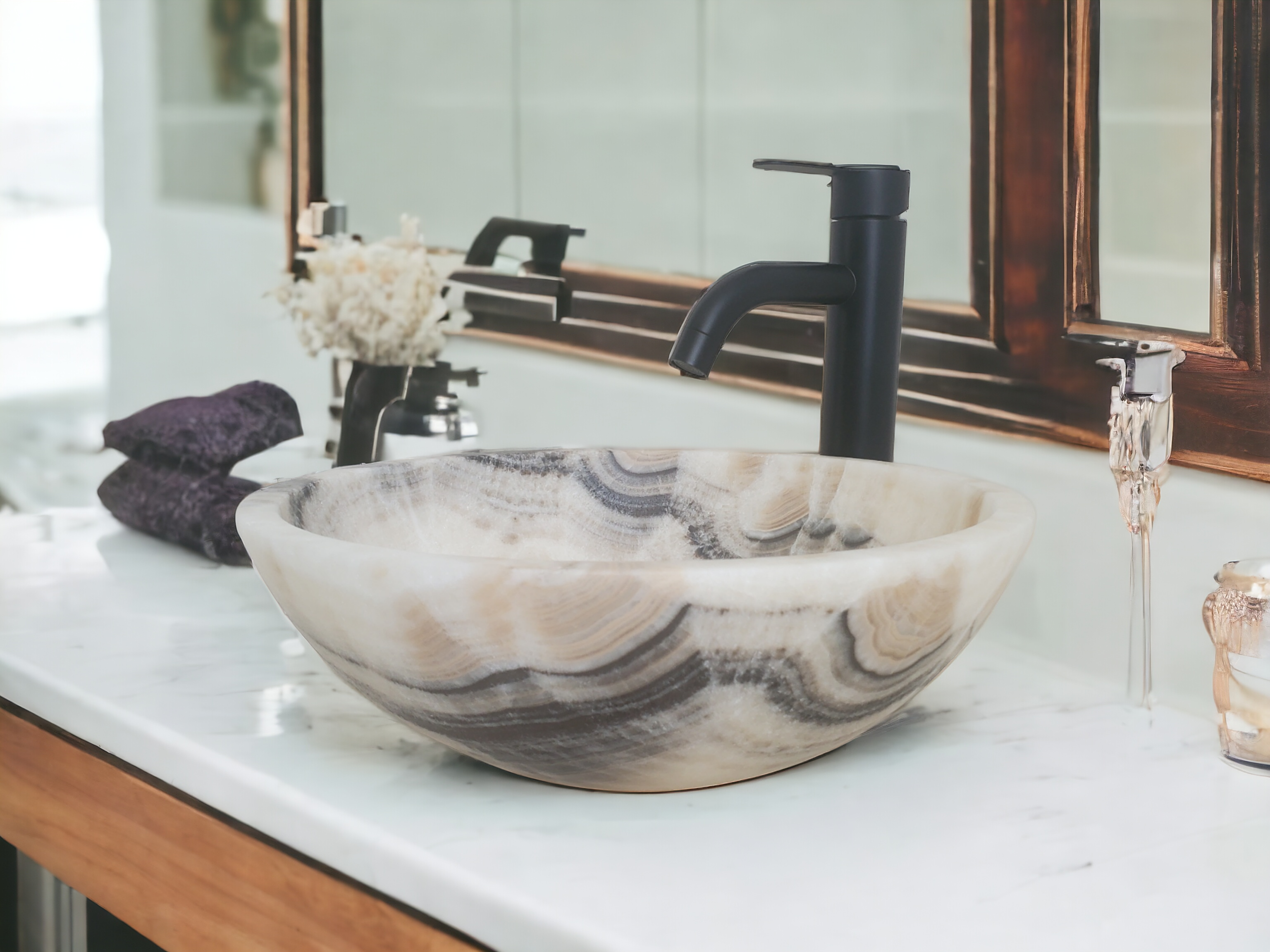 S21_14 Onyx Stone Vessel Bathroom Sink – Round