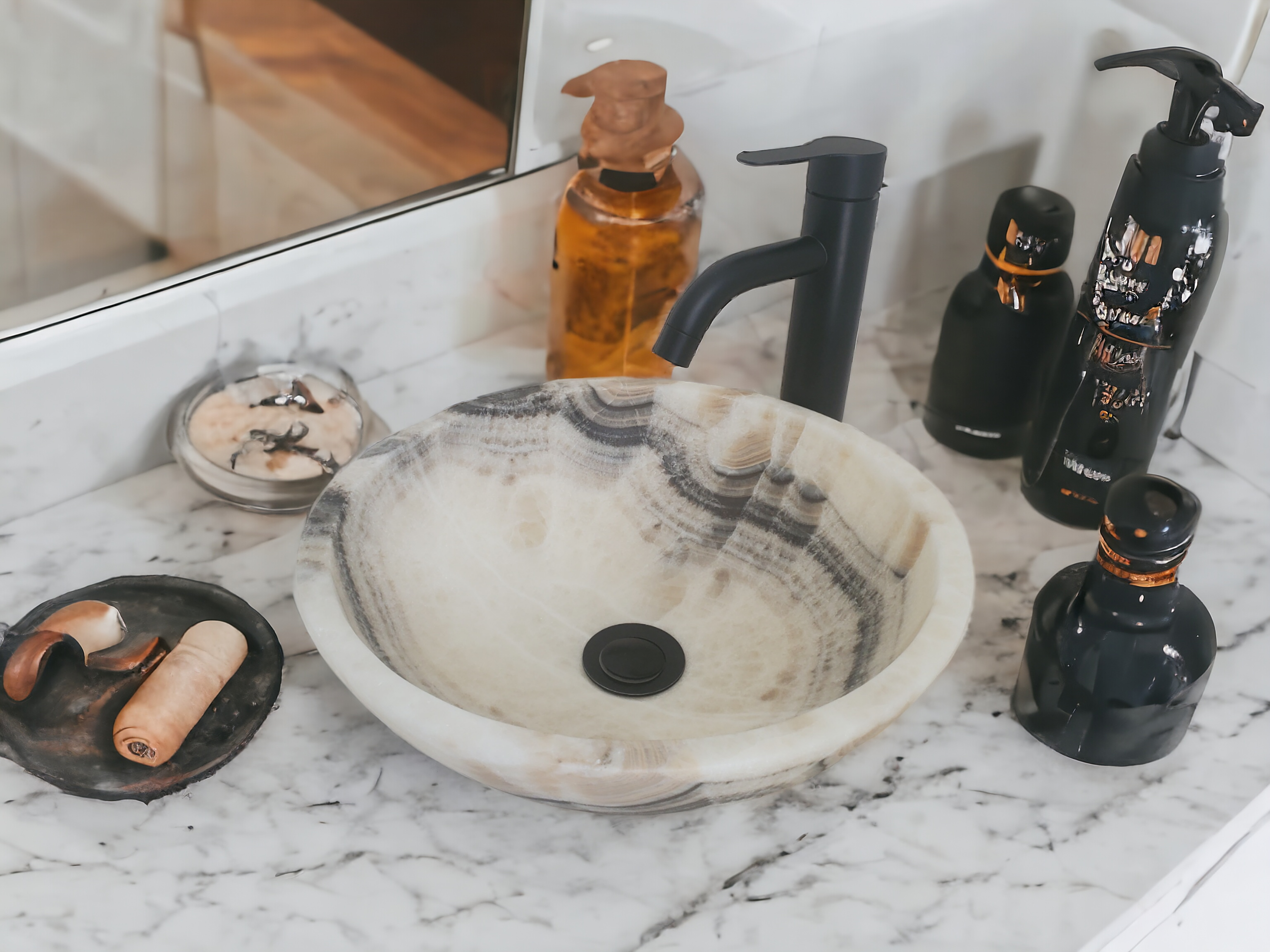 S21_14 Onyx Stone Vessel Bathroom Sink – Round