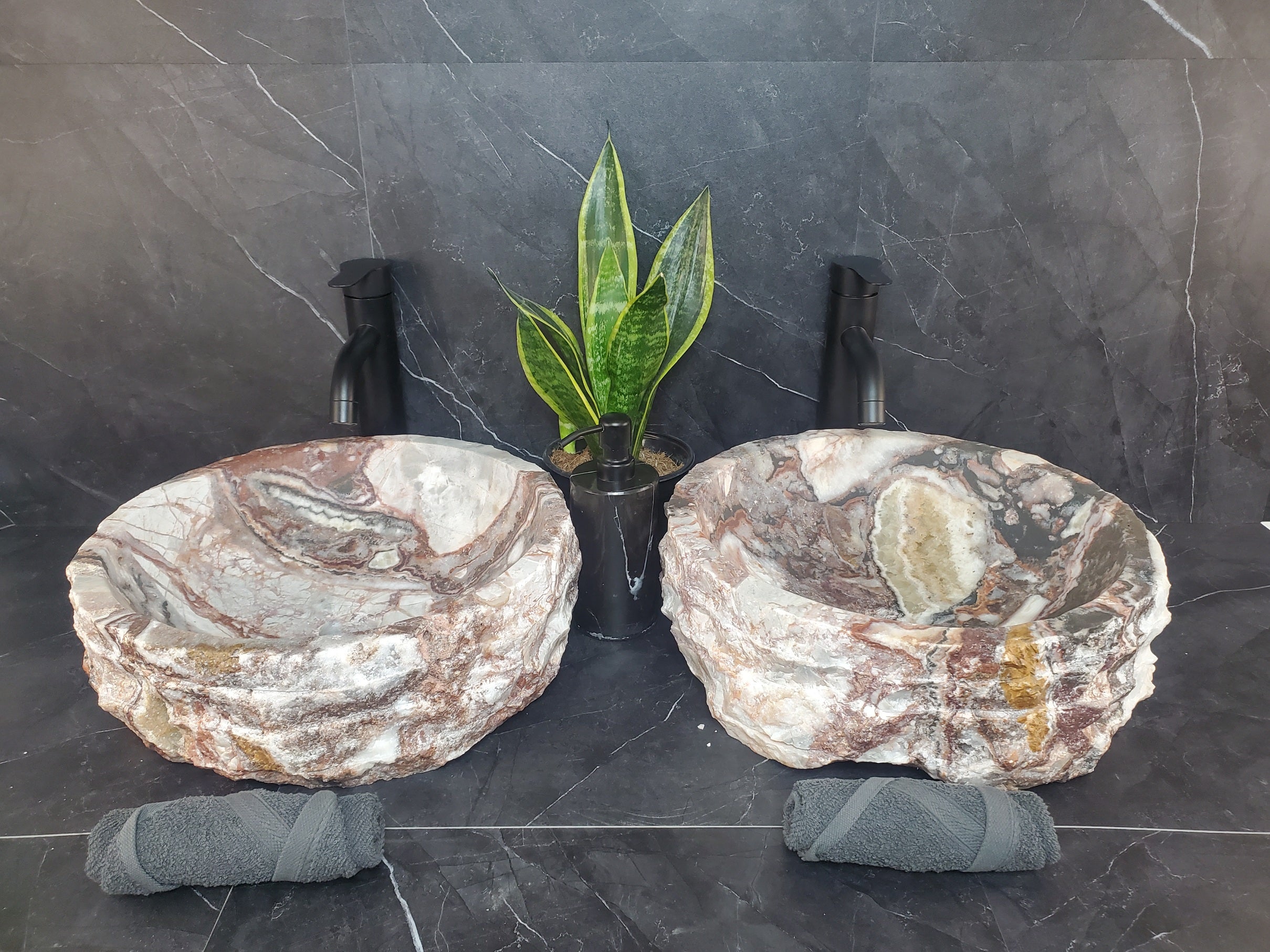SET1017 Serpentina Onyx Stone Vessel Sink Pair (Round)