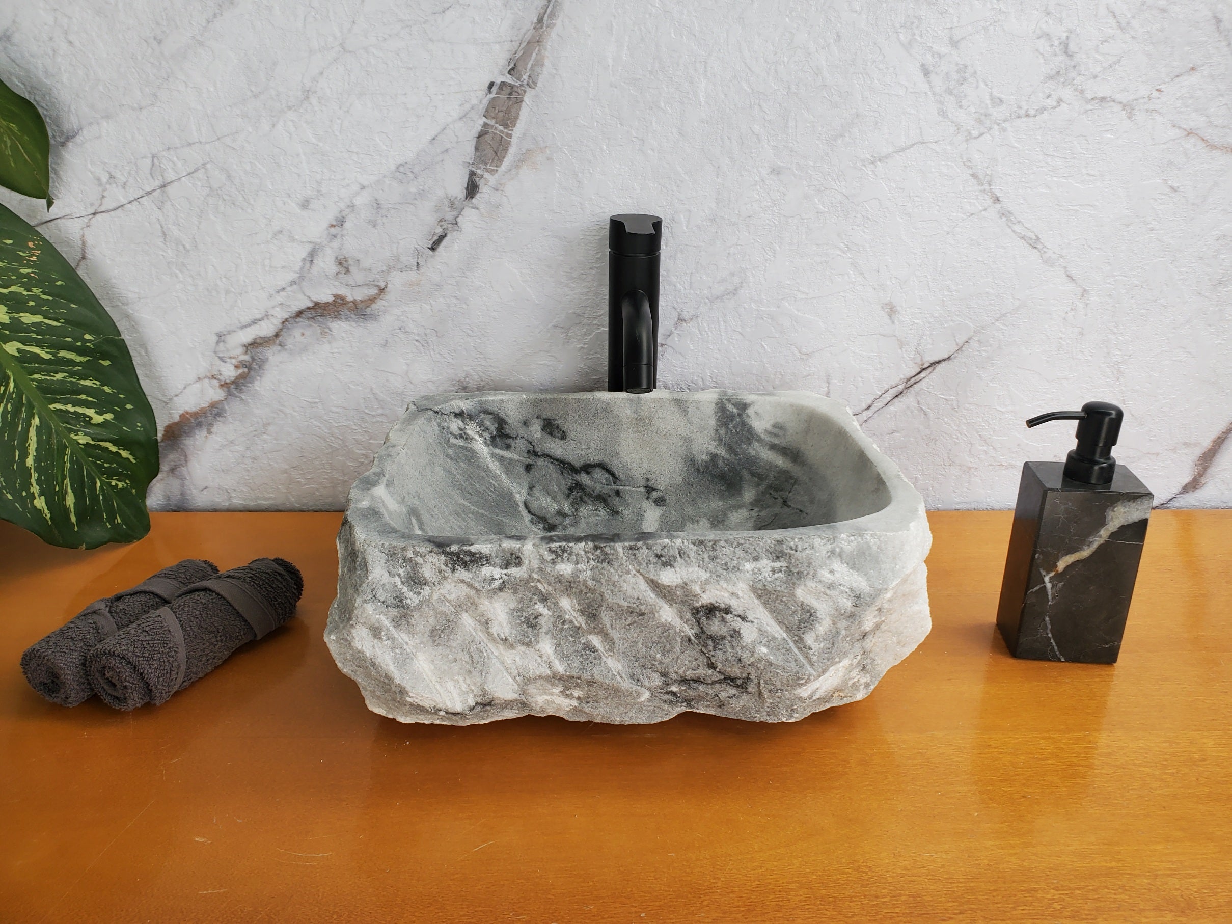 S36_03 Gray Marble Vessel Bathroom Sink, 14.5 x 12 Inch Bathroom Sinks Featured Marble Sinks Sinks