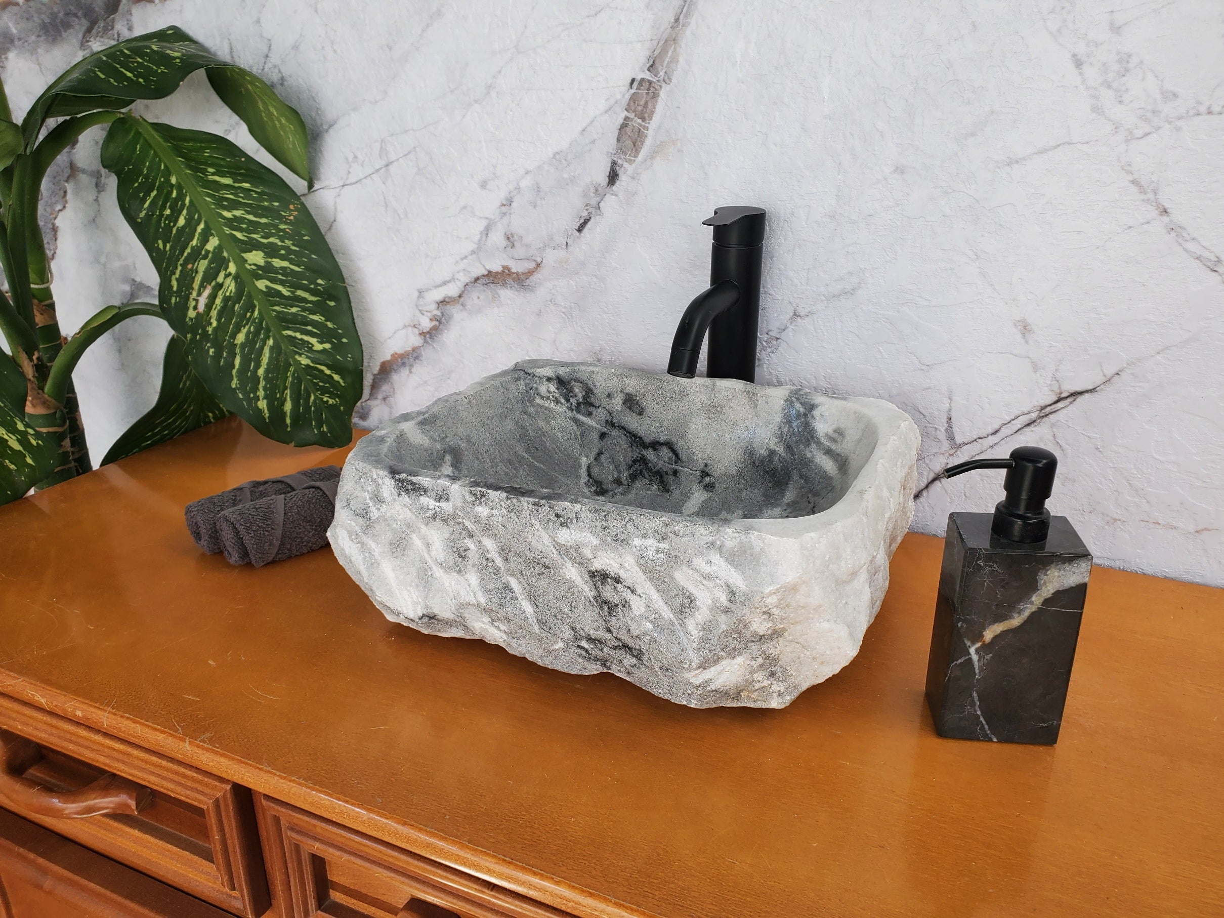 S36_03 Gray Marble Vessel Bathroom Sink, 14.5 x 12 Inch Bathroom Sinks Featured Marble Sinks Sinks