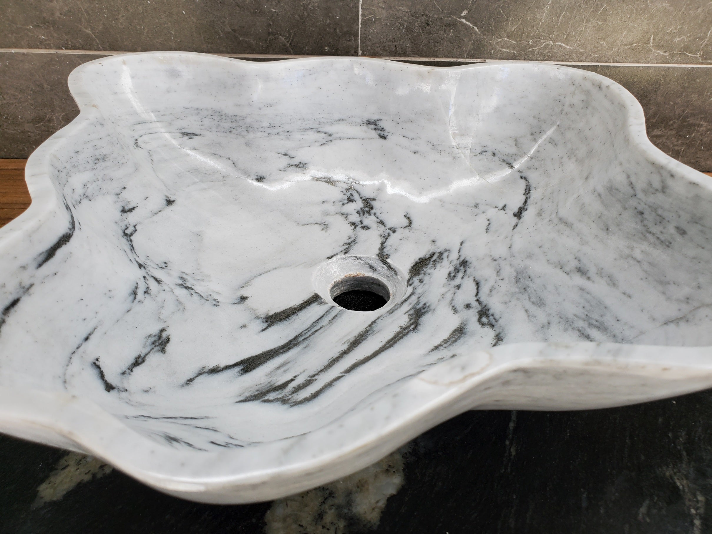 S33_30 White Marble Bathroom Vessel Sink - 16 x 15 inch