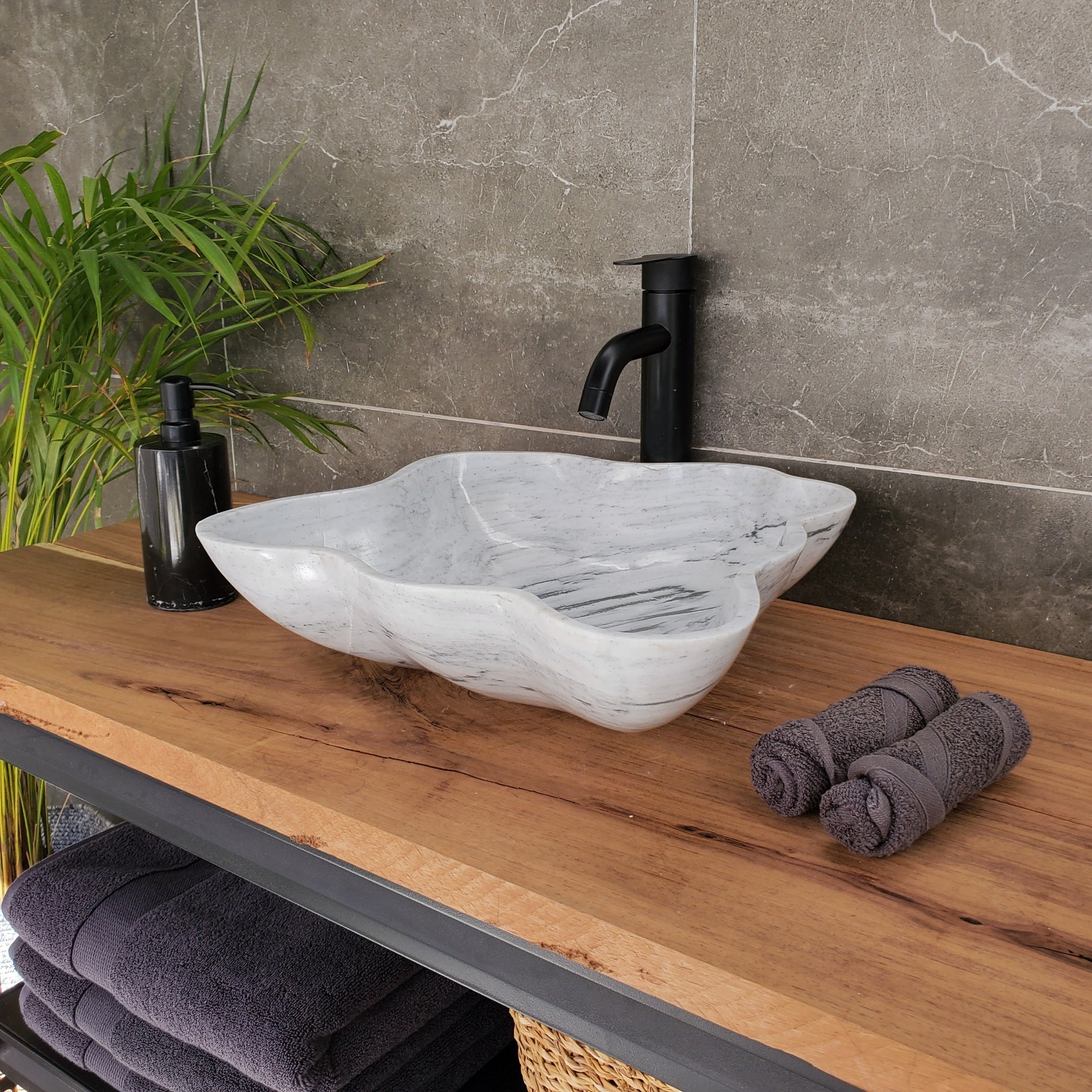 S33_30 White Marble Bathroom Vessel Sink - 16 x 15 inch