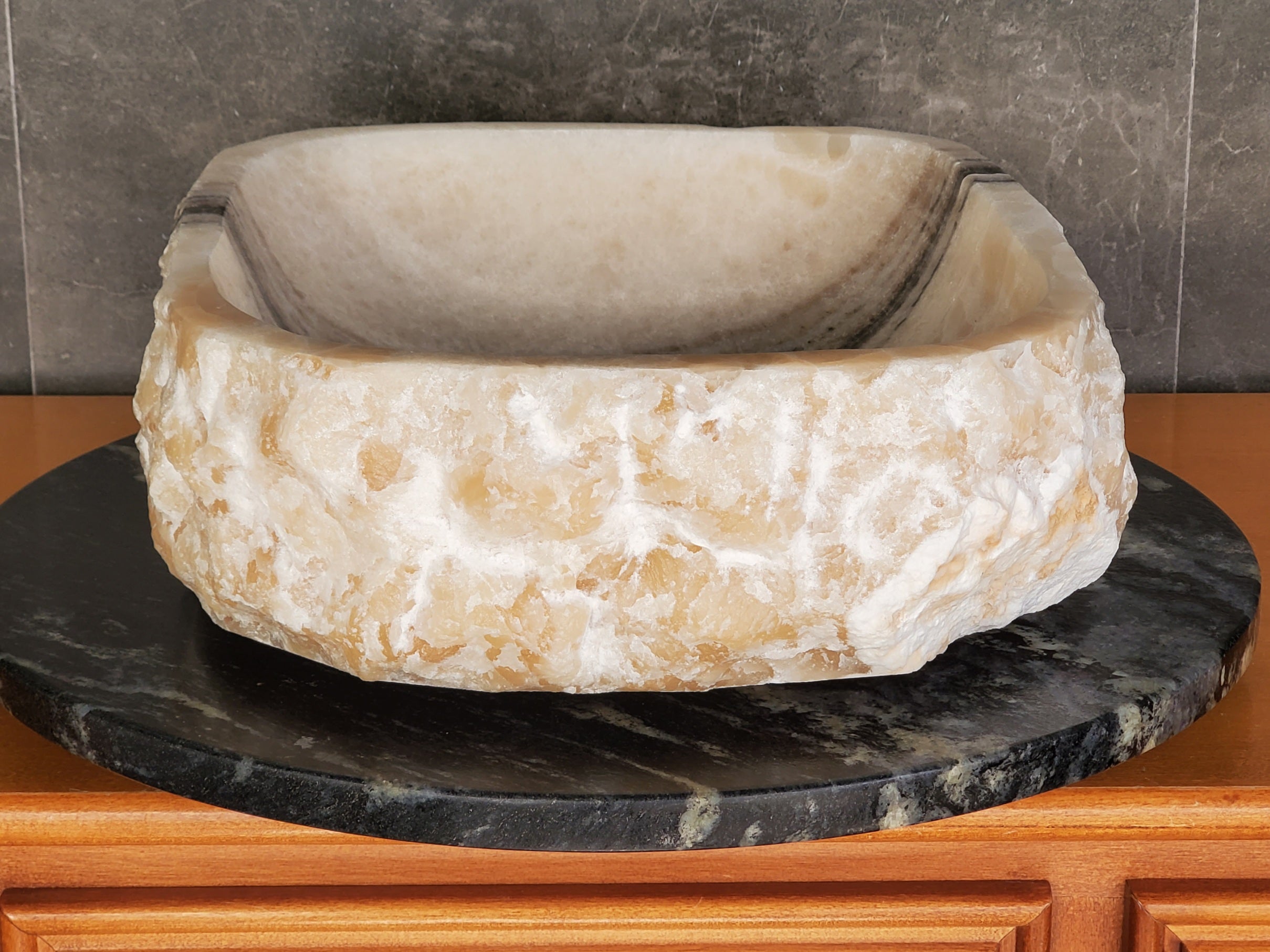 S37_17 Cream Onyx Vessel Sink – Rectangular Natural Stone Countertop Bathroom Sink 16.5 x 13.5 Inch Bathroom Sinks Featured Onyx Sinks Sinks