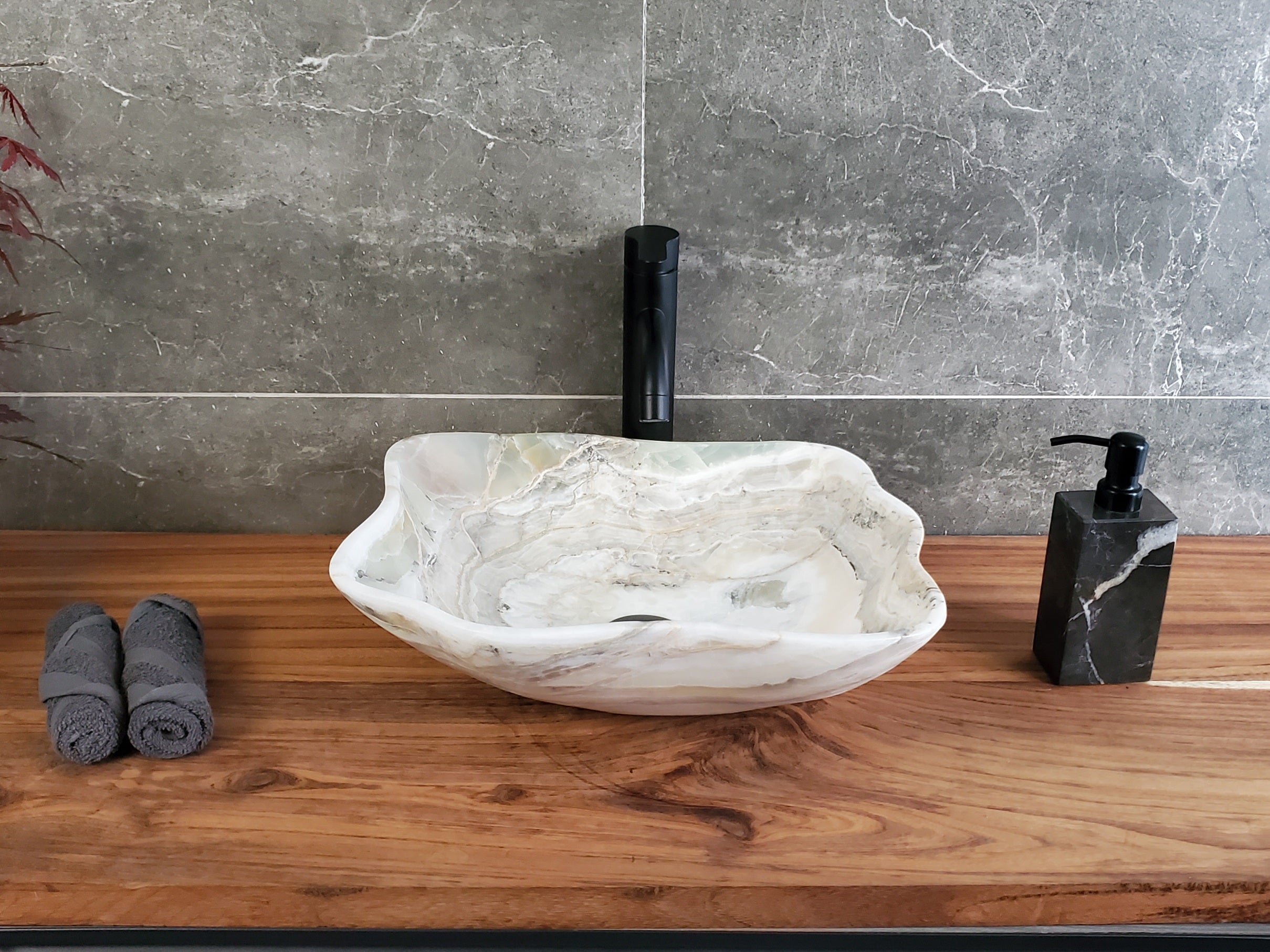 White Onyx Vessel Sink, Natural Stone Vanity Basin, Polished Bathroom Countertop Sink, Spa Decor 14x14 Inch S40_19