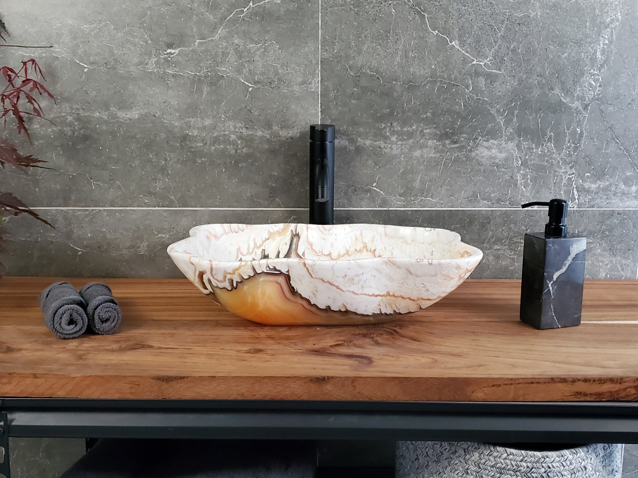 White Onyx Vessel Sink, 18x12 Inch Natural Stone Countertop Basin, Polished Luxury Vanity Sink, Spa Bathroom Decor  S40_20