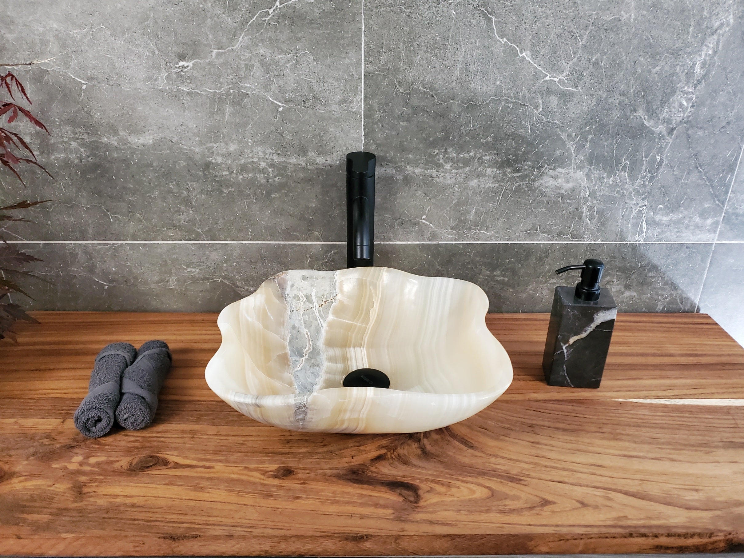 White Onyx Vessel Sink – Natural Stone Countertop Sink, Polished Vanity Basin, Luxury Spa Bathroom Decor 14.5x13.5 Inch S40_16