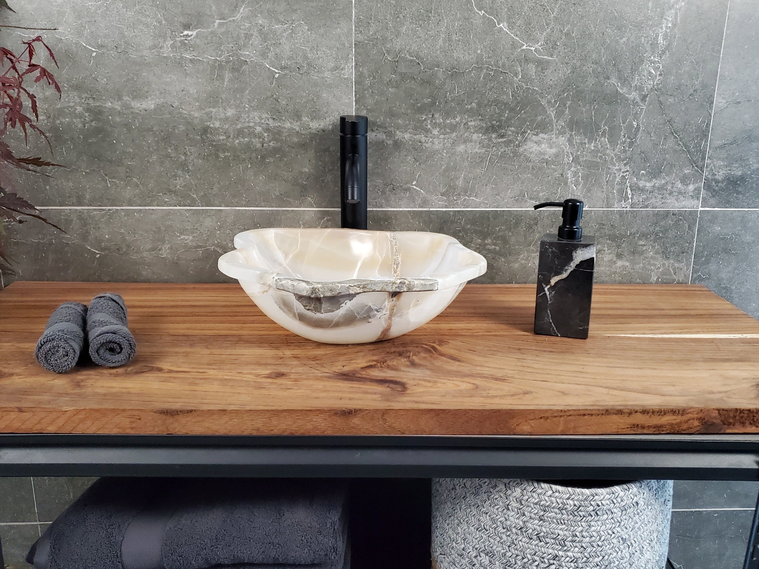 Cream White Onyx Vessel Sink, 14x13 Inch Natural Stone Countertop Basin, Polished Luxury Vanity Sink, Spa Bathroom Decor S40_23